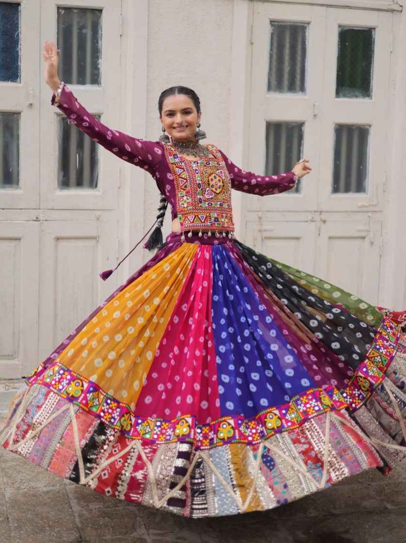 Multicolour Pure Georgette Embroidery Work Navratri Lehenga Choli