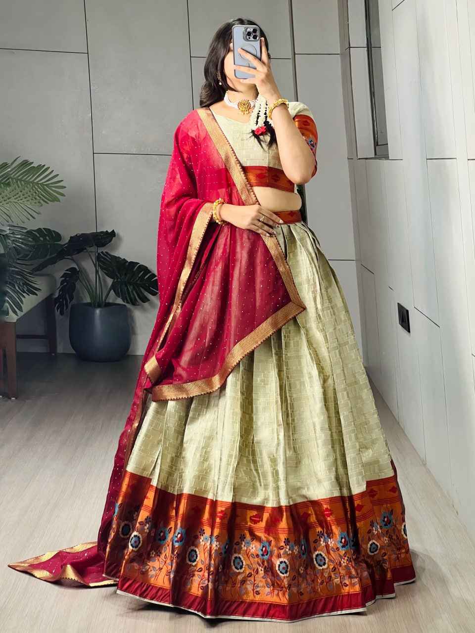 Cream Pure Silk Zari Weaving With Kalamkari Weaving Lehenga Choli