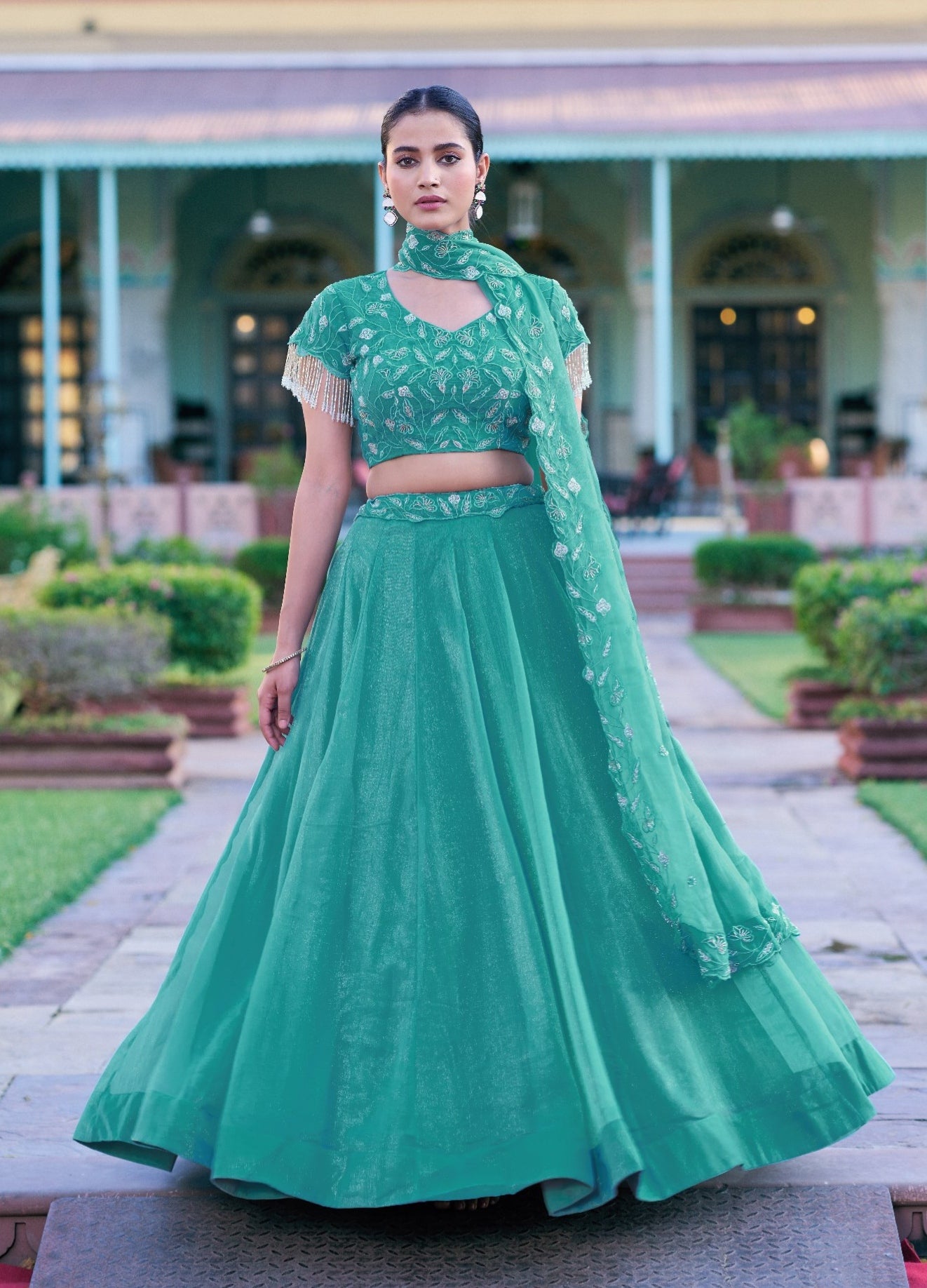 Sky Pure Gold Coin Beads & Thread Embroidery Work Lehenga Choli