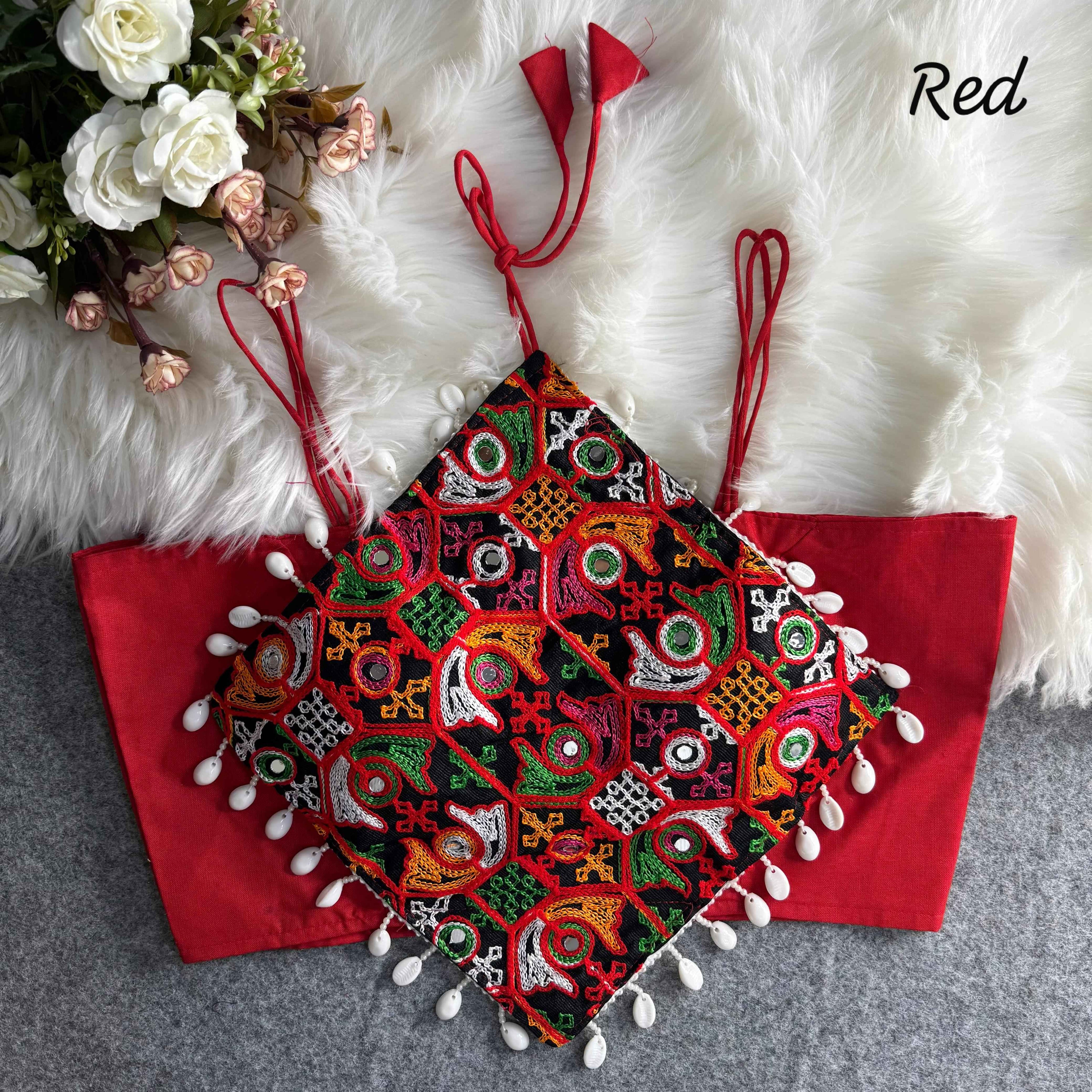Red Pure Cotton Heavy Thread + Kaudi & Hand Mirror Work Navratri Blouse