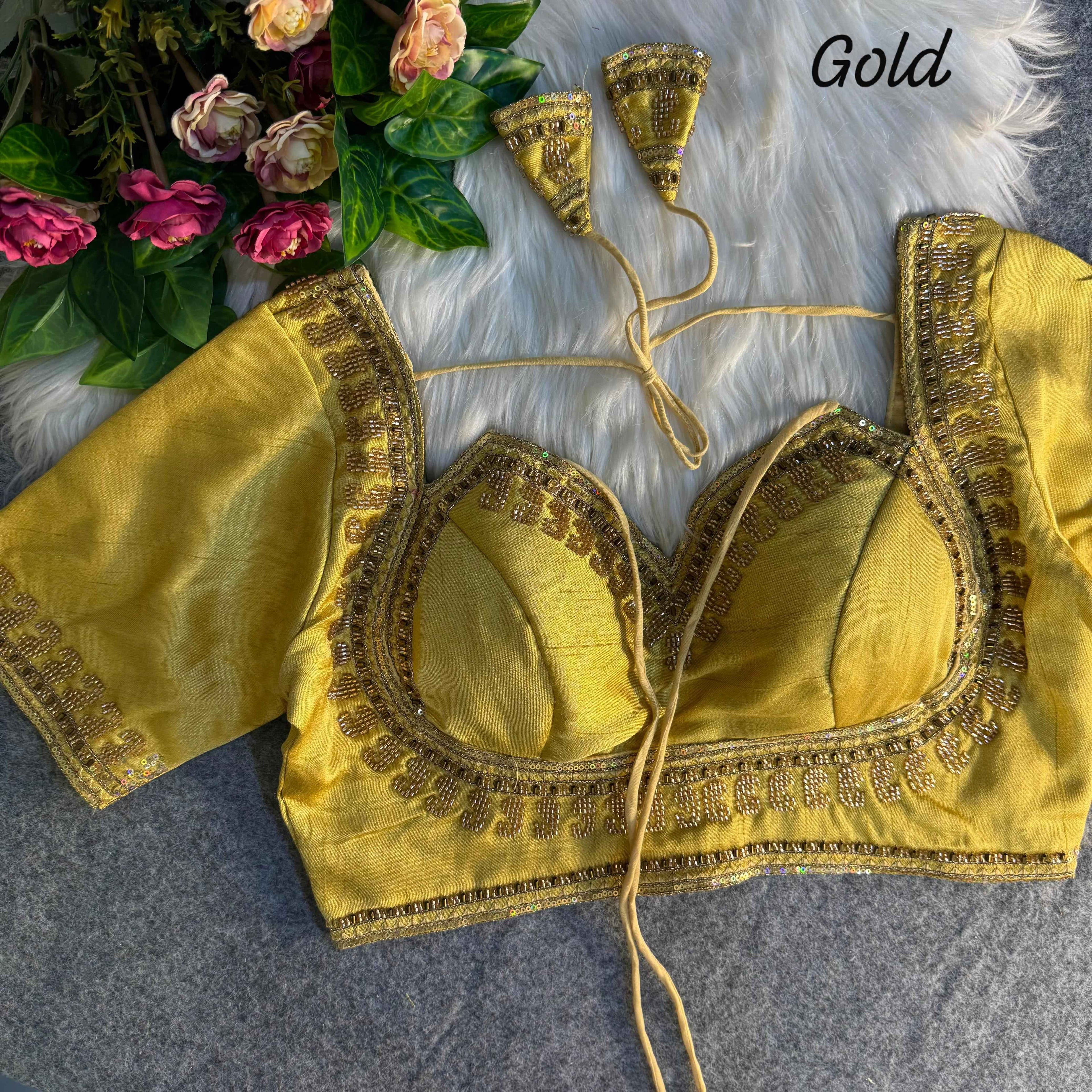 Gold Pure Soft Italian Silk Heavy Jari Sequence & Beads Thread Work Blouse