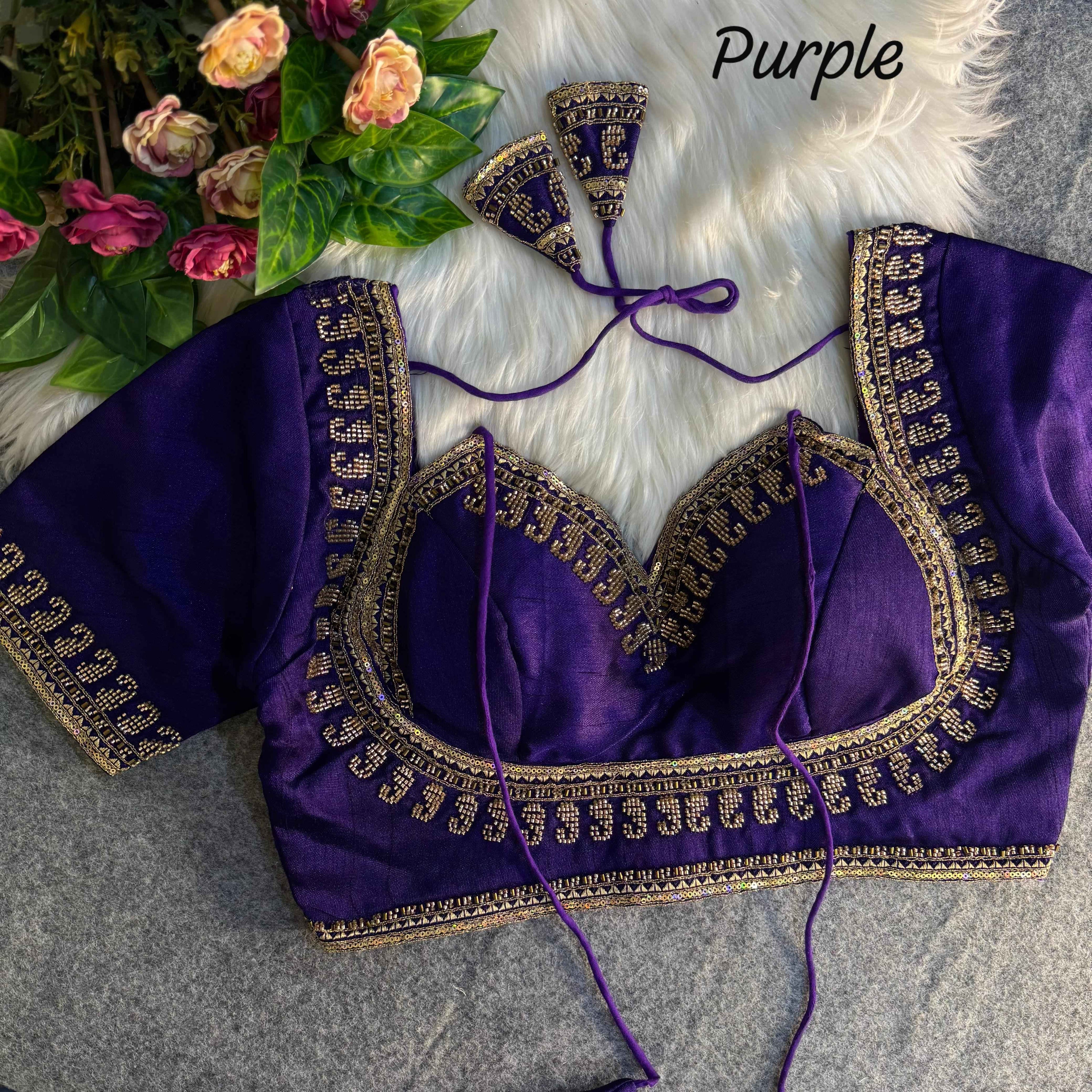 Purple Pure Soft Italian Silk Heavy Jari Sequence & Beads Thread Work Blouse