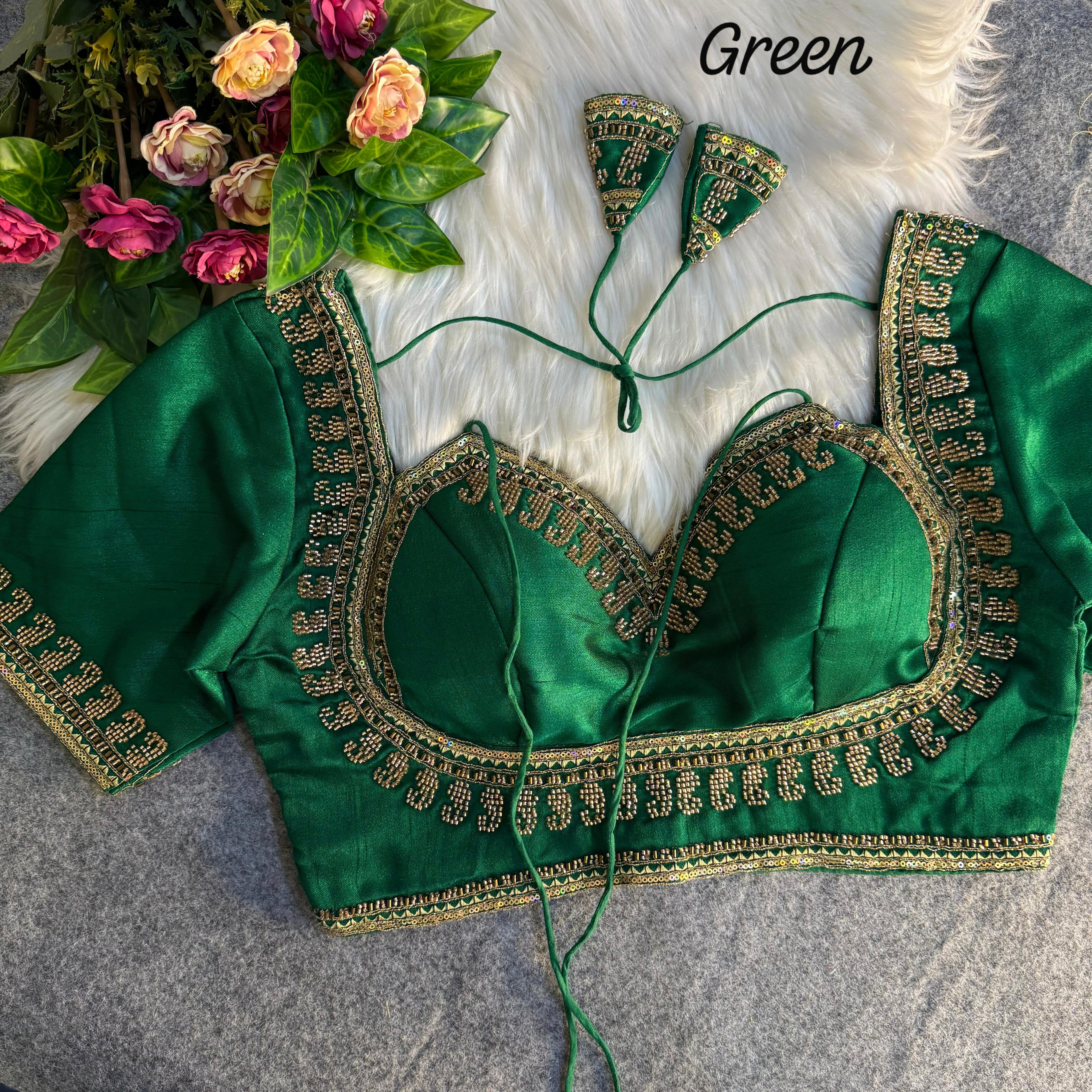 Green Pure Soft Italian Silk Heavy Jari Sequence & Beads Thread Work Blouse