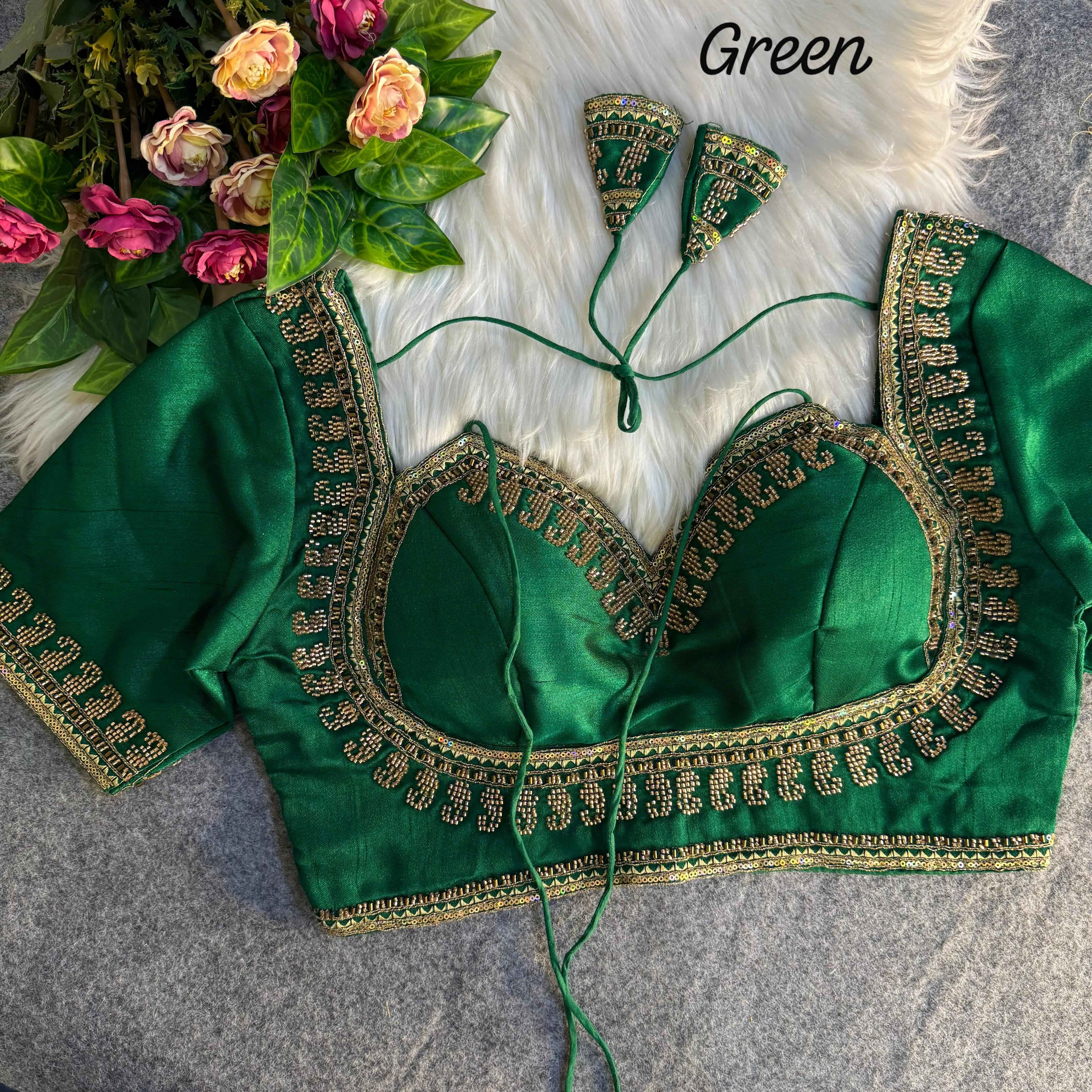 Green Pure Soft Italian Silk Heavy Jari Sequence & Beads Thread Work Blouse