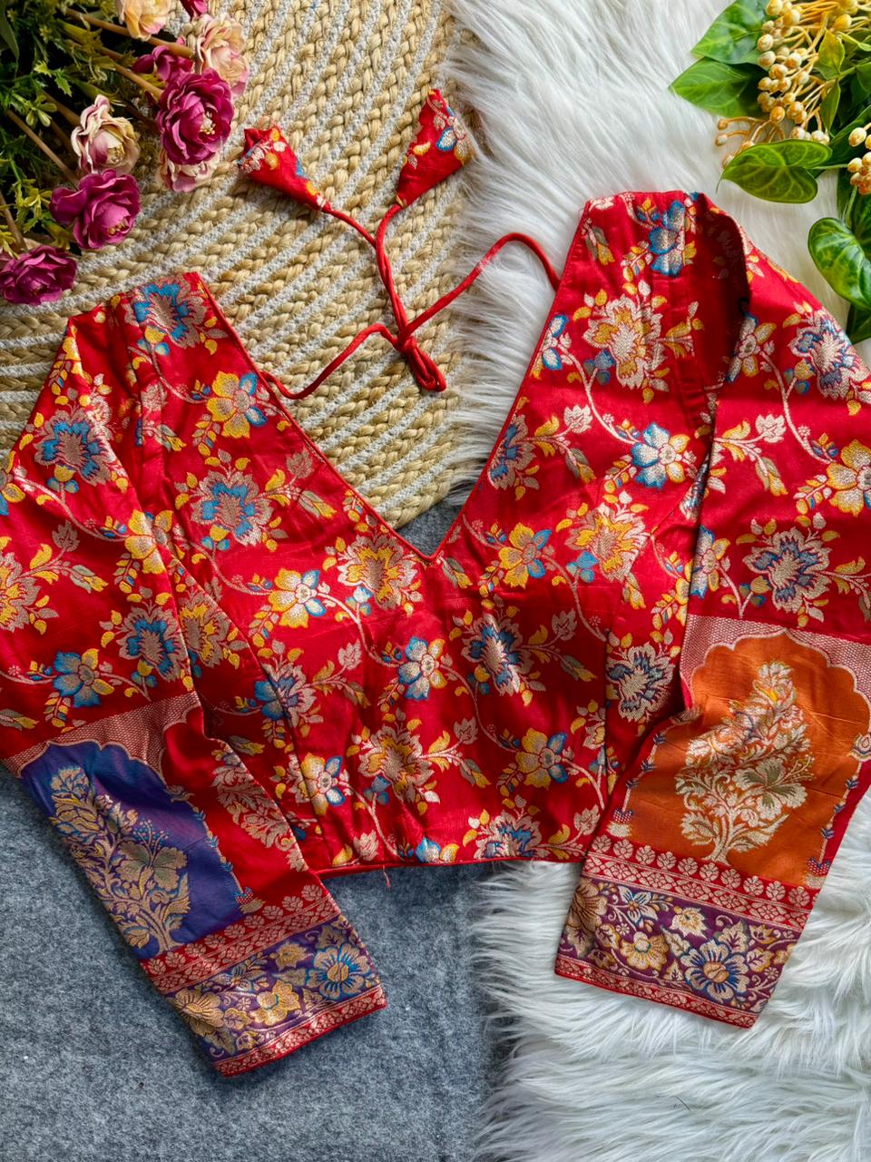 Red Pure Heavy Pure Soft Dola Silk V Neck Long Sleeves Heavy Banarasi Blouse