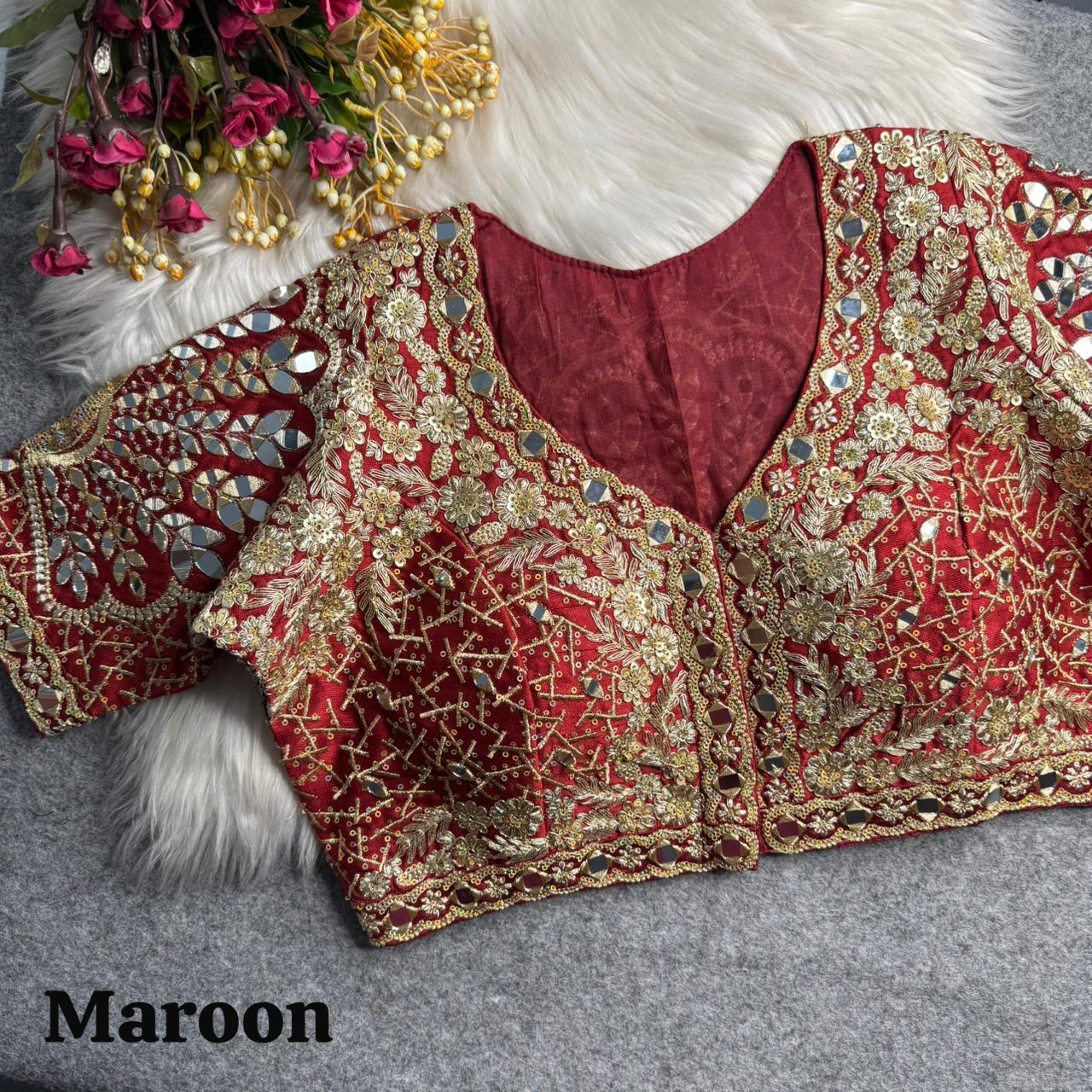 Maroon Pure Heavy Jari Sequence Peacock Real Mirror Work Bridal Blouse