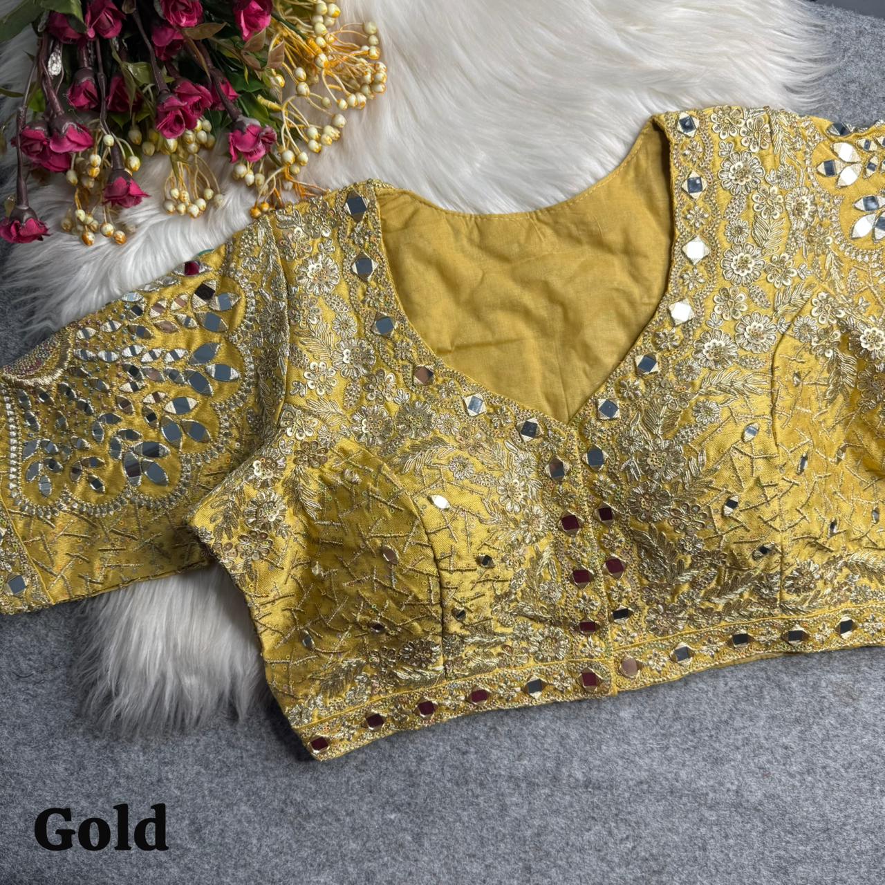 Gold Pure Heavy Jari Sequence Peacock Real Mirror Work Bridal Blouse