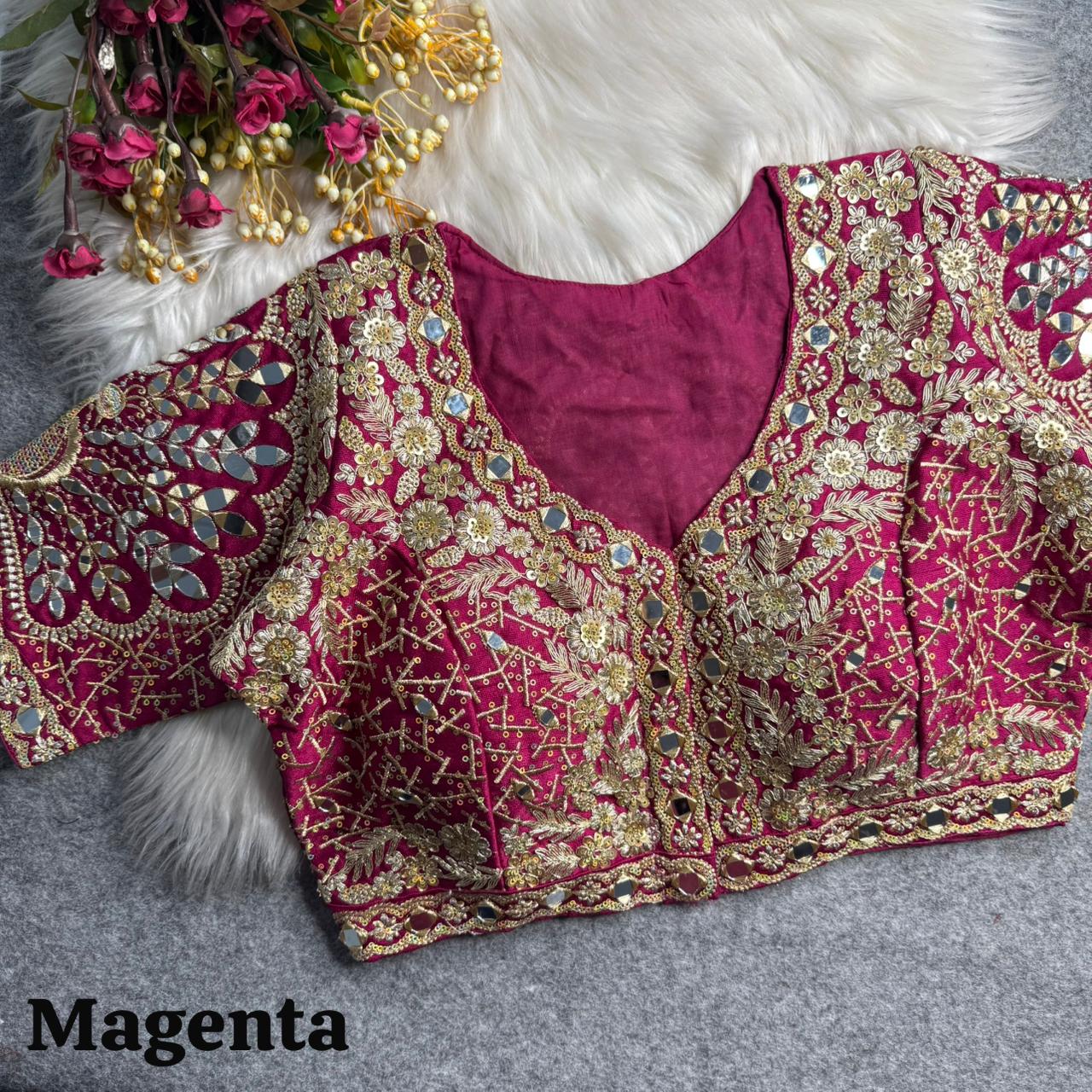 Magenta Pure Heavy Jari Sequence Peacock Real Mirror Work Bridal Blouse
