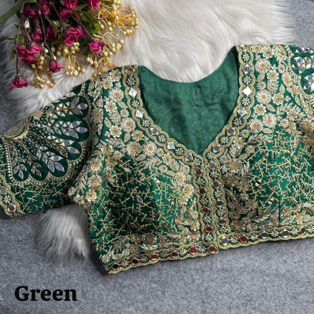 Green Pure Heavy Jari Sequence Peacock Real Mirror Work Bridal Blouse
