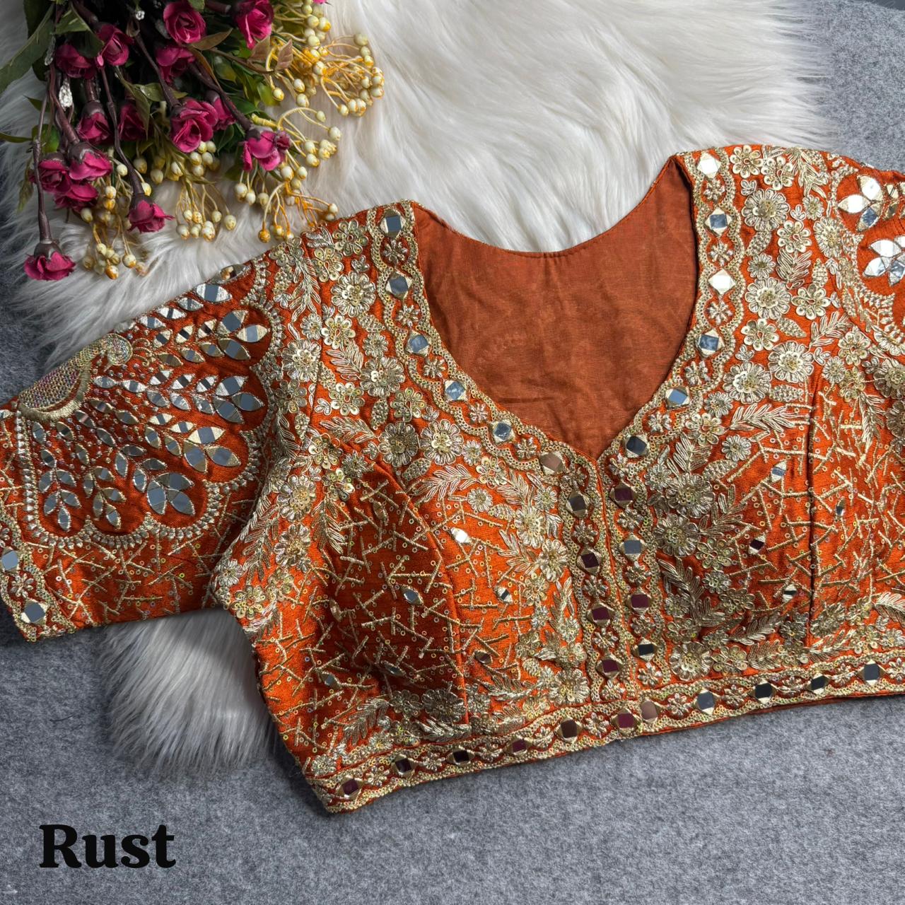 Rust Pure Heavy Jari Sequence Peacock Real Mirror Work Bridal Blouse