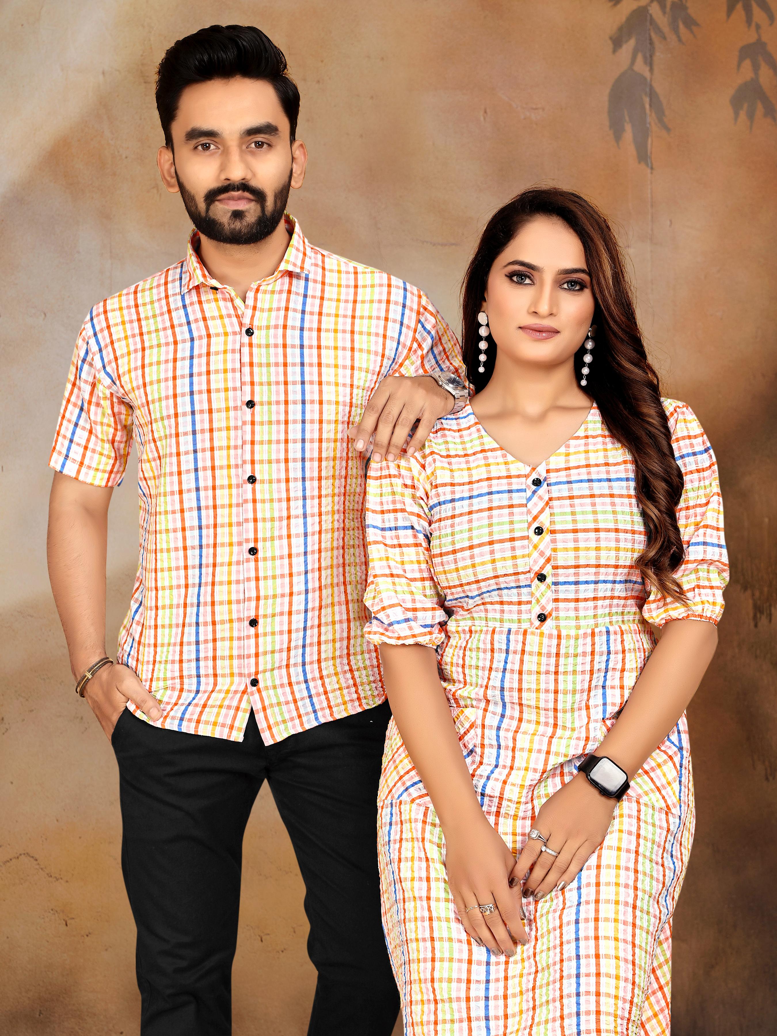 Peach Pure Soft Cotton Printed Shirt & Tunic Matching Both Couple Combo