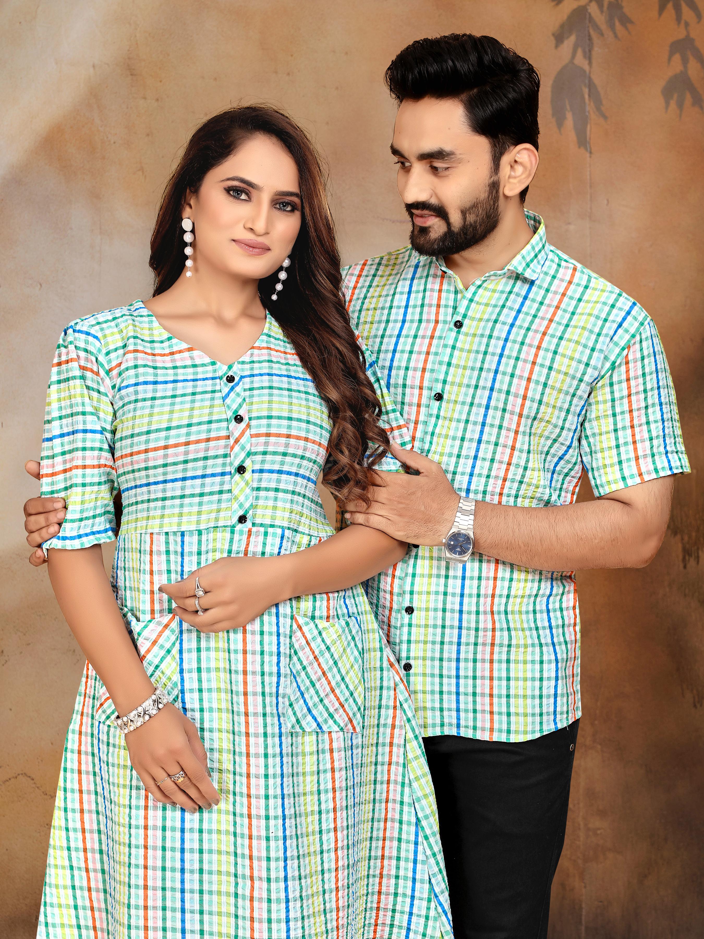 Green Pure Soft Cotton Printed Shirt & Tunic Matching Both Couple Combo