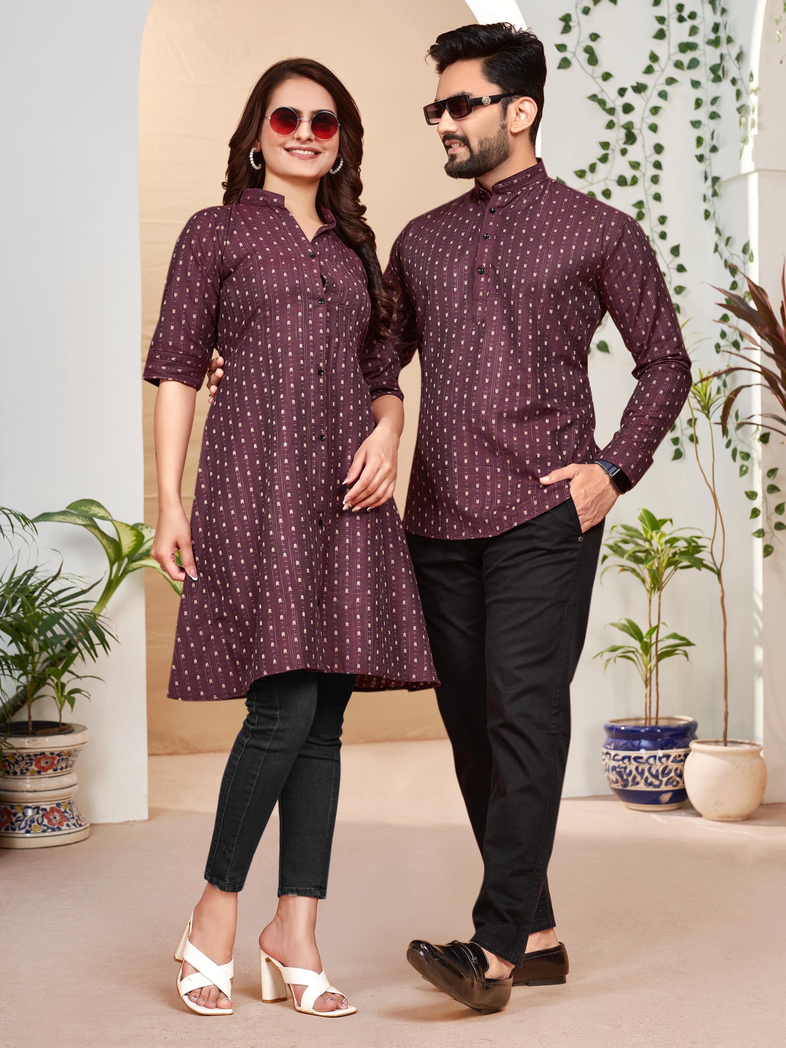 Maroon Pure Soft Cotton Printed Shirt & Tunic Matching Both Couple Combo