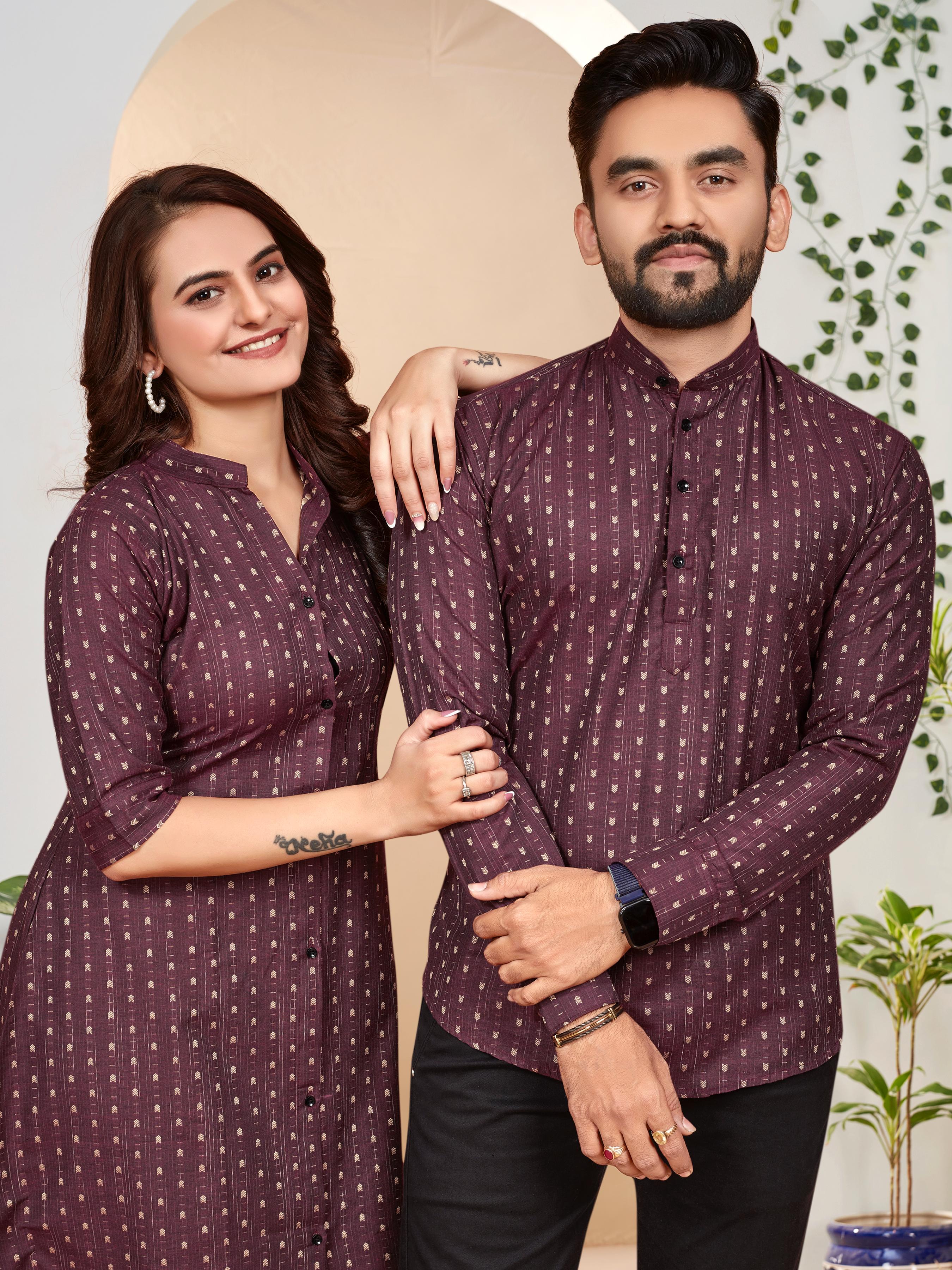 Maroon Pure Soft Cotton Printed Shirt & Tunic Matching Both Couple Combo