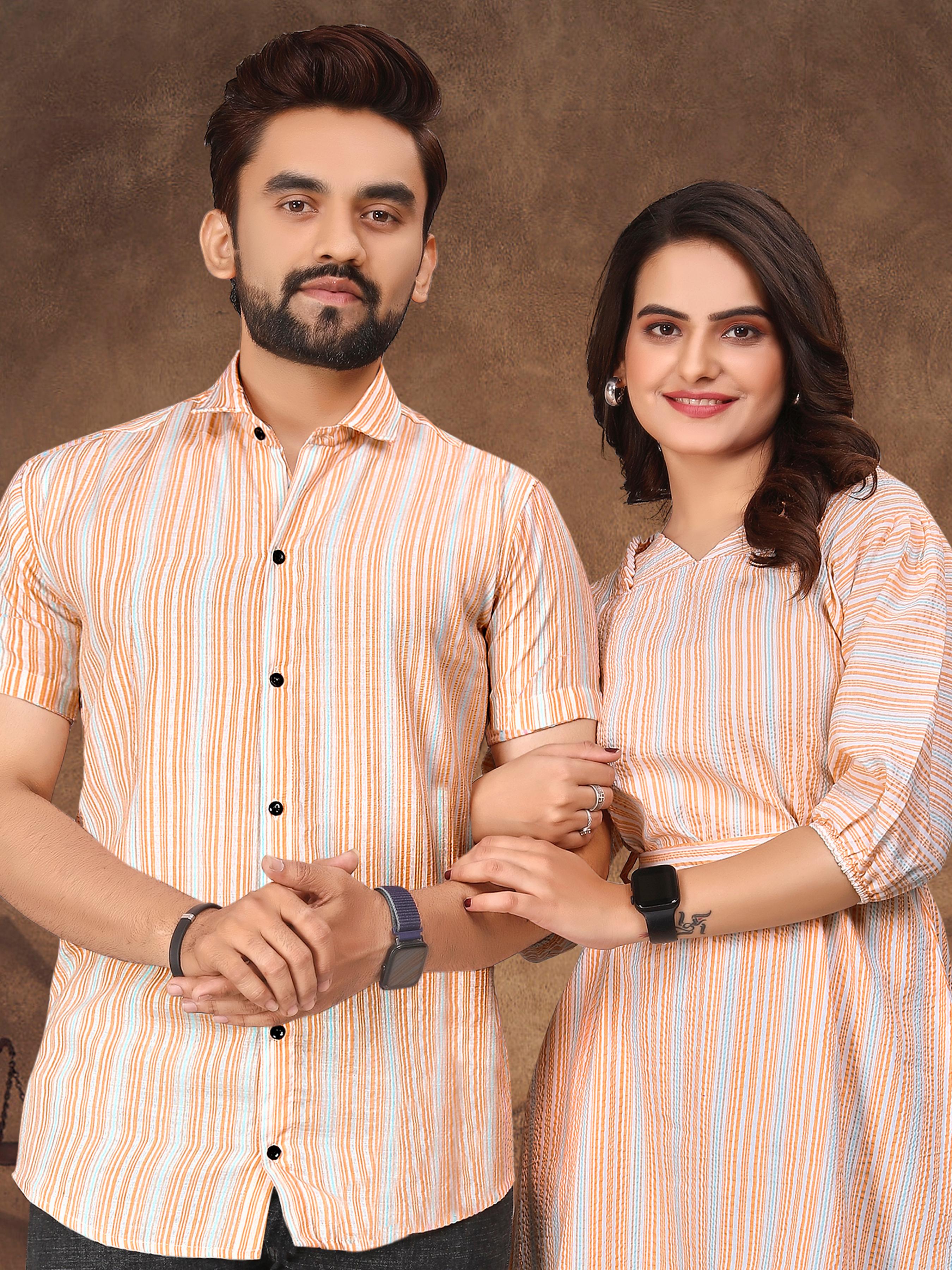 Peach Pure Soft Cotton Printed Shirt & Tunic Matching Both Couple Combo