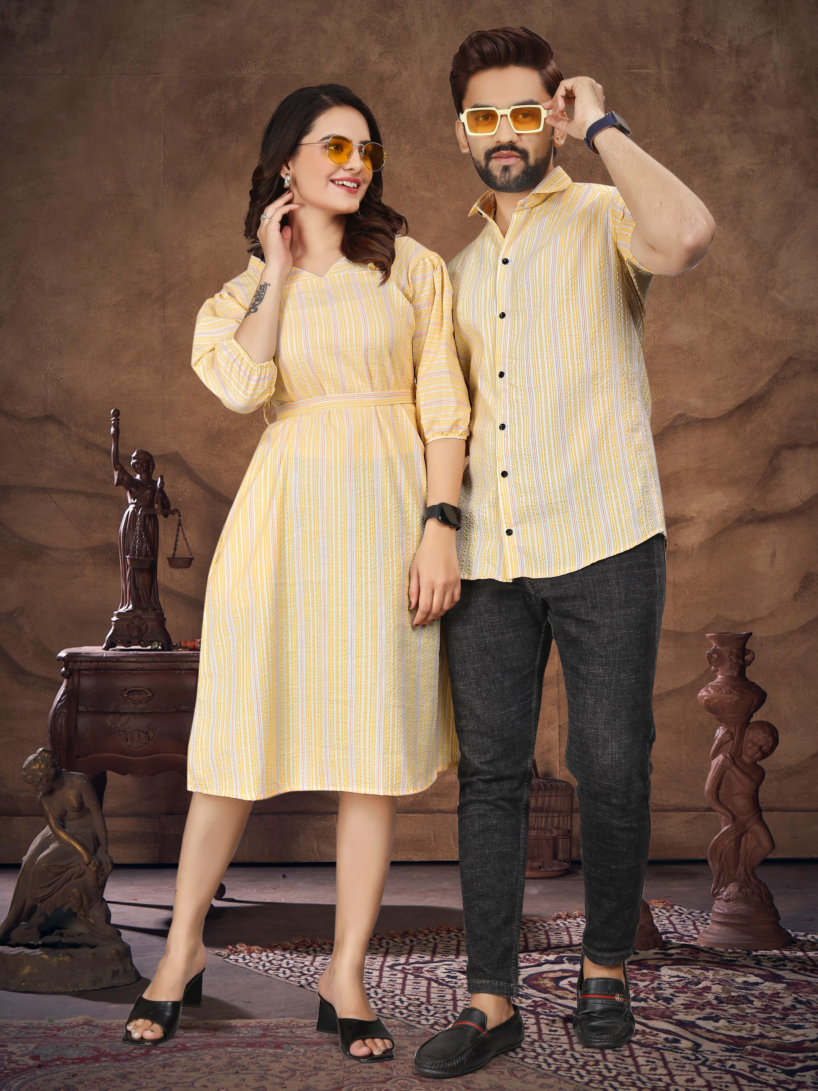 Yellow Pure Soft Cotton Printed Shirt & Tunic Matching Both Couple Combo