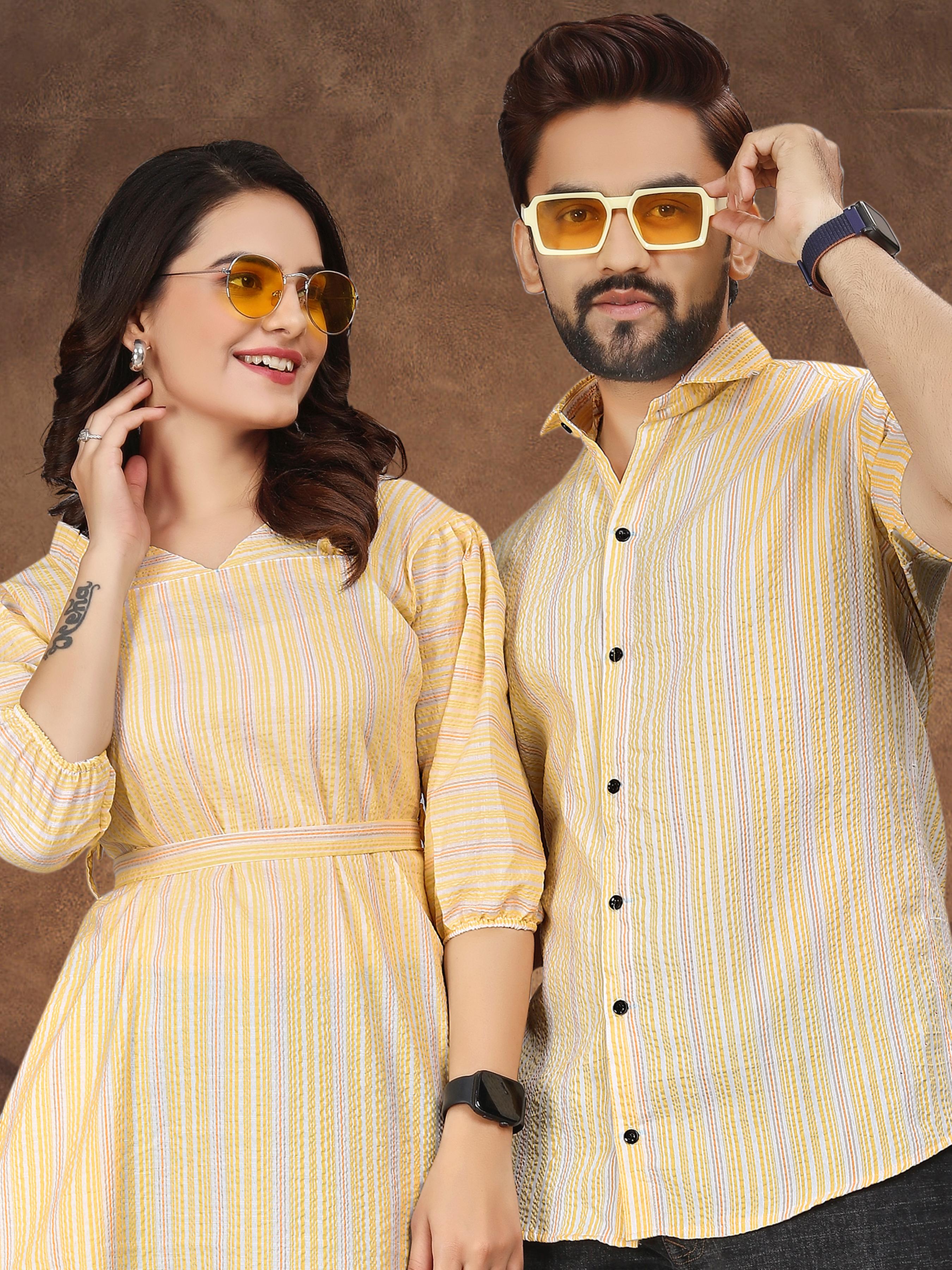 Yellow Pure Soft Cotton Printed Shirt & Tunic Matching Both Couple Combo