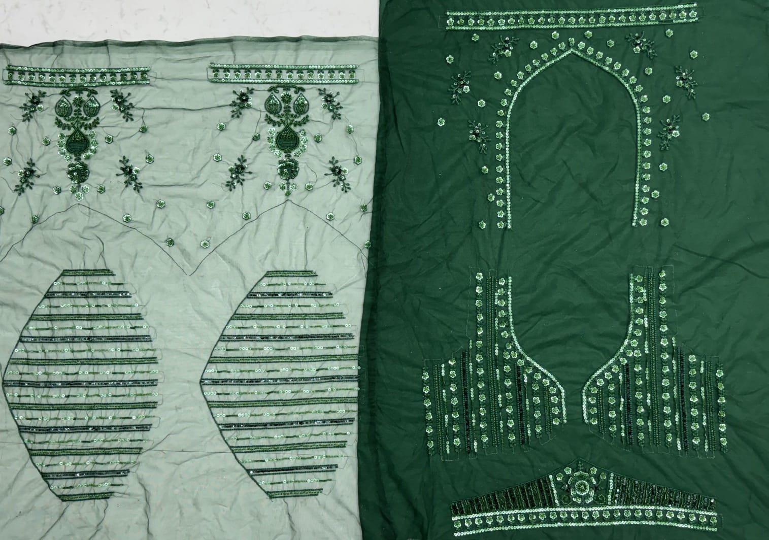 Green Pure Net Monochrome Sequins Bugle Beads Resham Thread Work Net Bridal Lehenga Choli