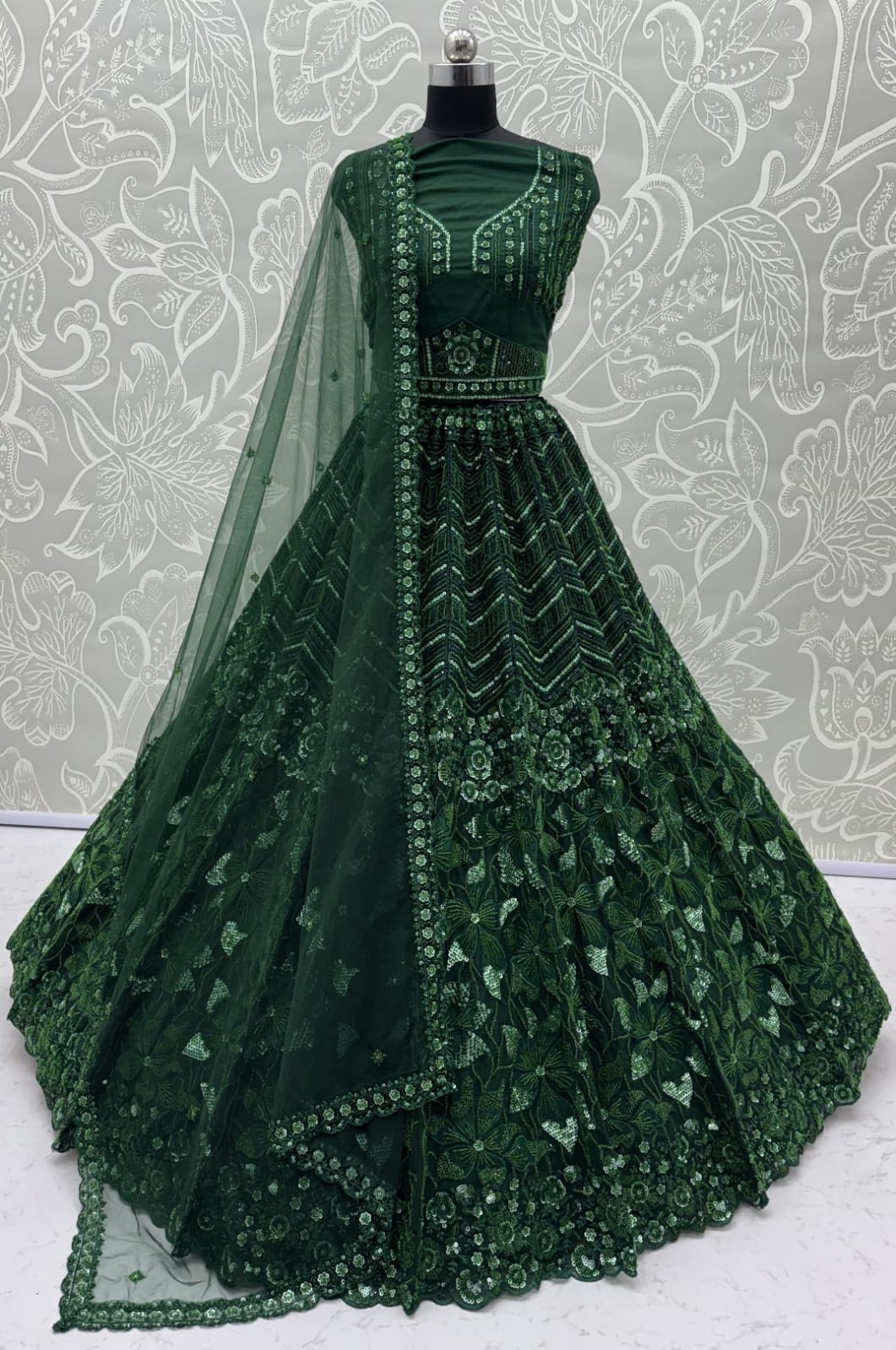 Green Pure Net Monochrome Sequins Bugle Beads Resham Thread Work Net Bridal Lehenga Choli