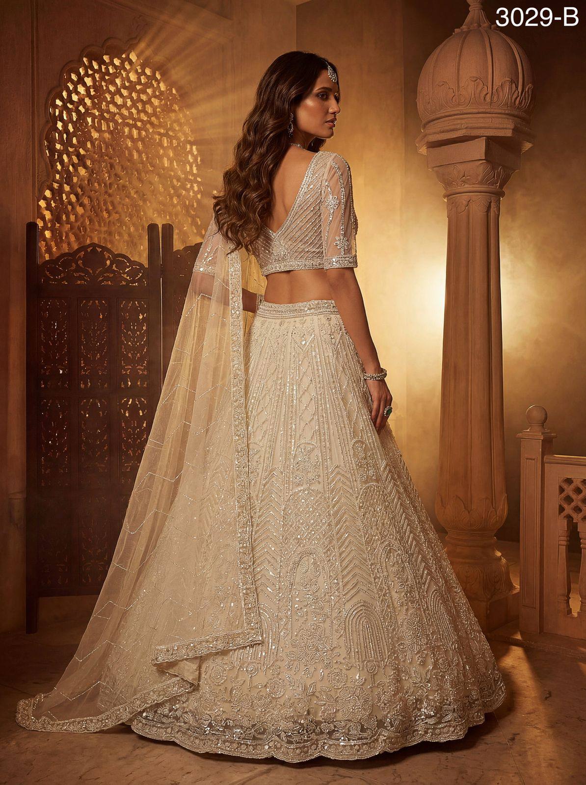 Off White Pure Soft Heavy Net Fancy Embroidery Work Bridal Lehenga Choli