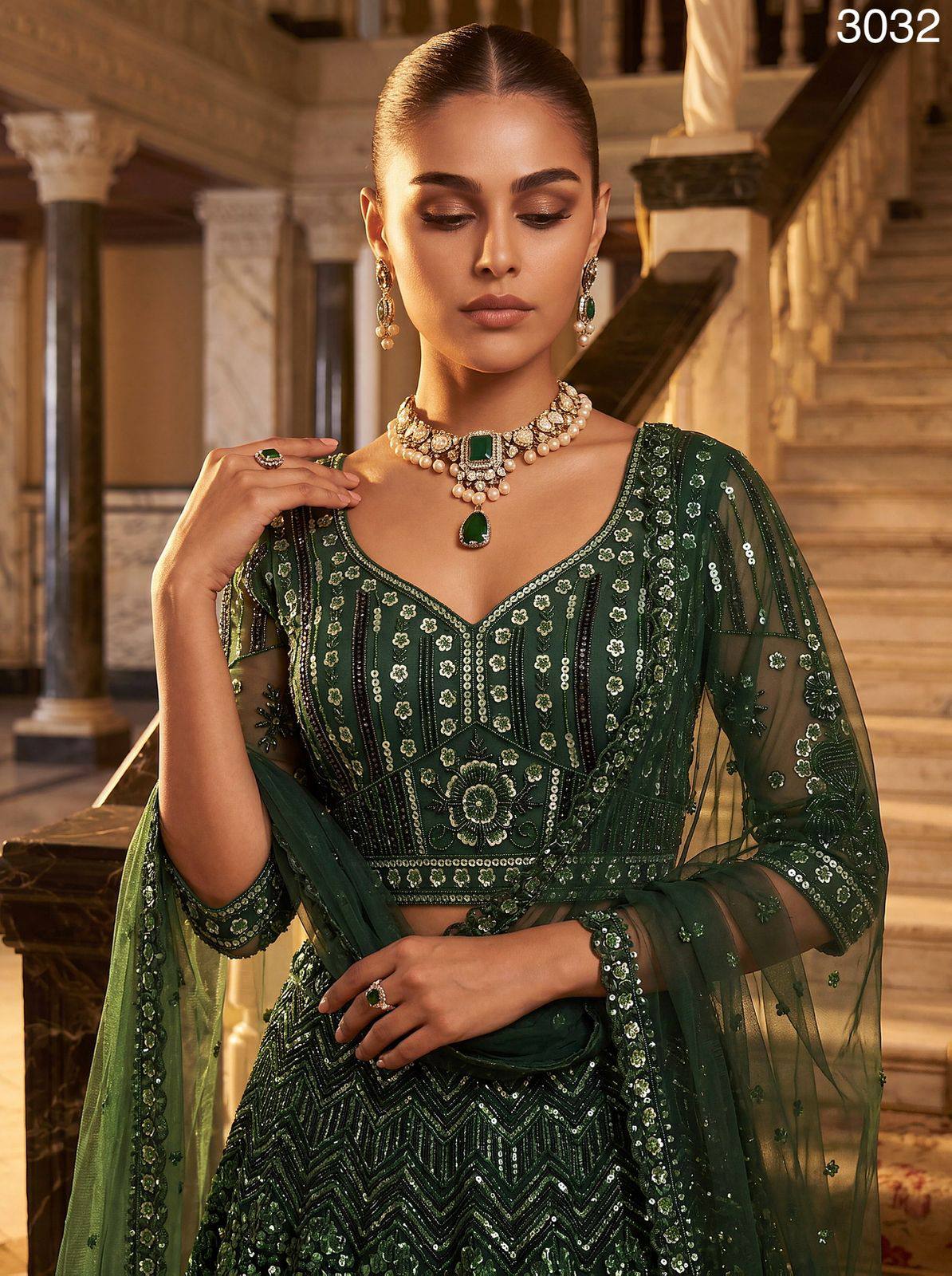 Green Pure Net Monochrome Sequins Bugle Beads Resham Thread Work Net Bridal Lehenga Choli