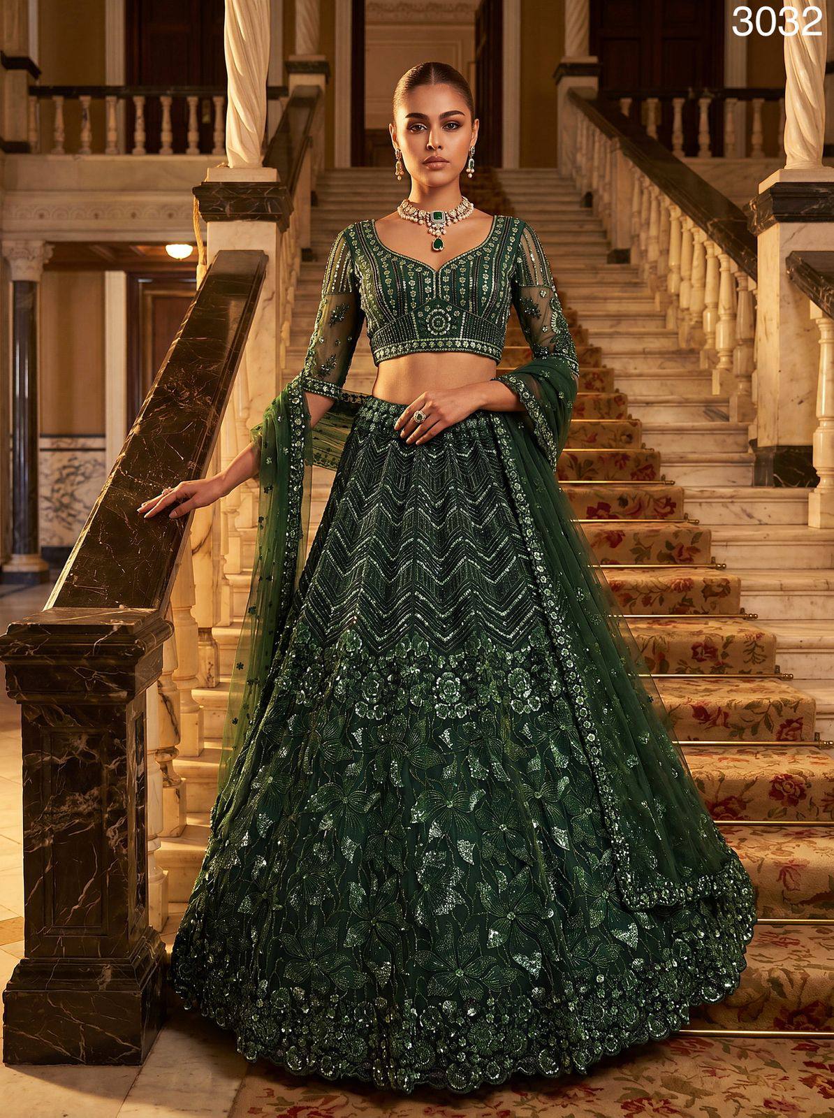 Green Pure Net Monochrome Sequins Bugle Beads Resham Thread Work Net Bridal Lehenga Choli