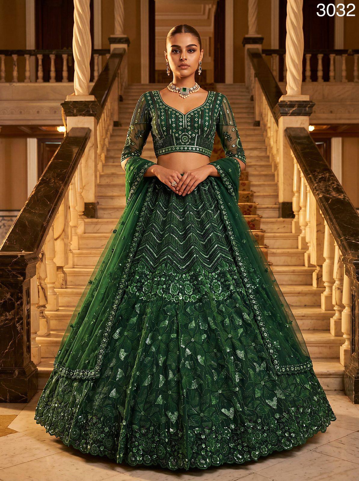 Green Pure Net Monochrome Sequins Bugle Beads Resham Thread Work Net Bridal Lehenga Choli