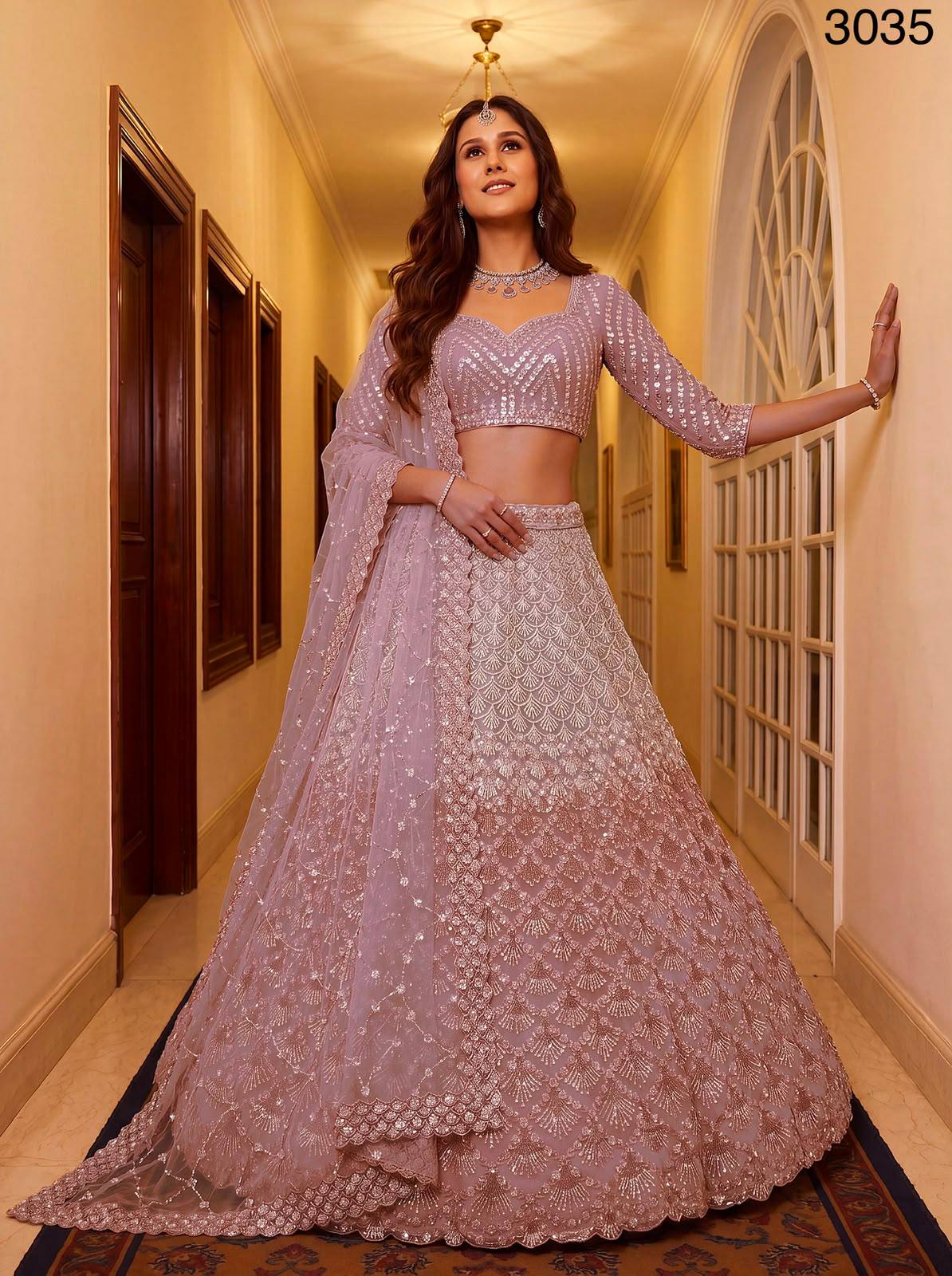 Pink Pure Heavy Net Sequins Sequins Zari Embroidery Work Net Bridal Lehenga Choli