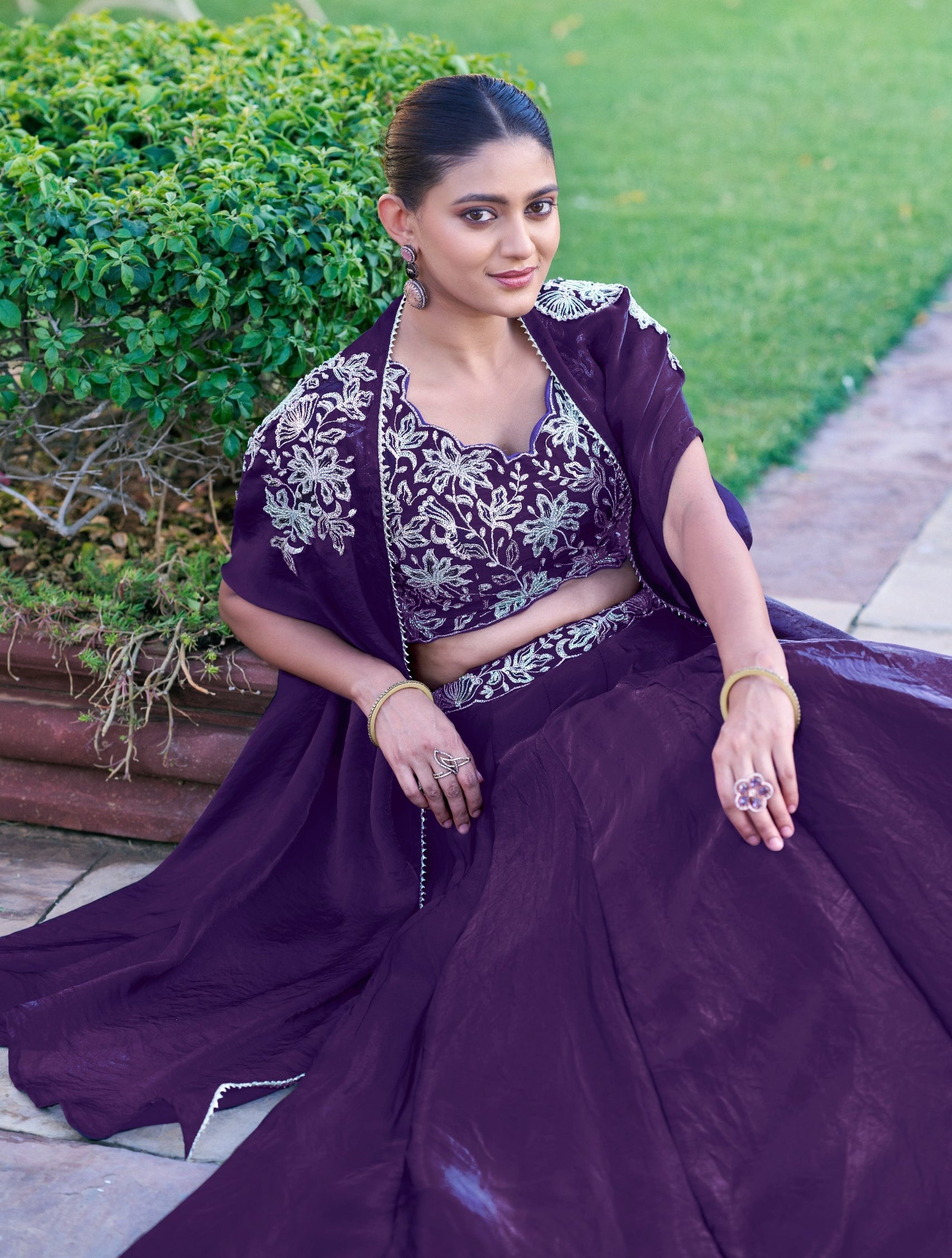 Purple Fendi Silk Beads & Sequins and Thread Embroidery Work Co ord Lehenga Set