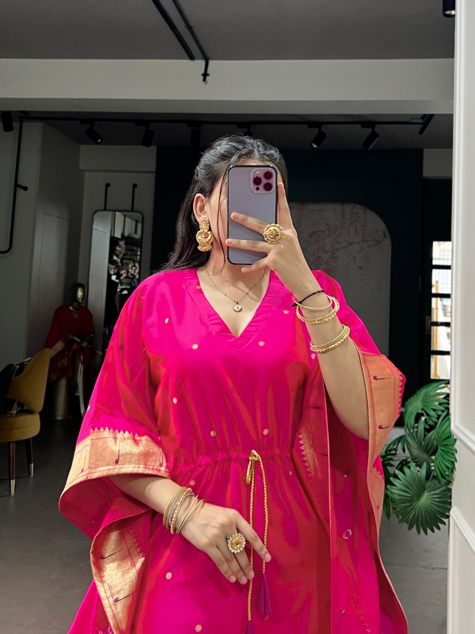 Pink Pure Jacquard Paithani Zari Weaving Paithani Kaftan