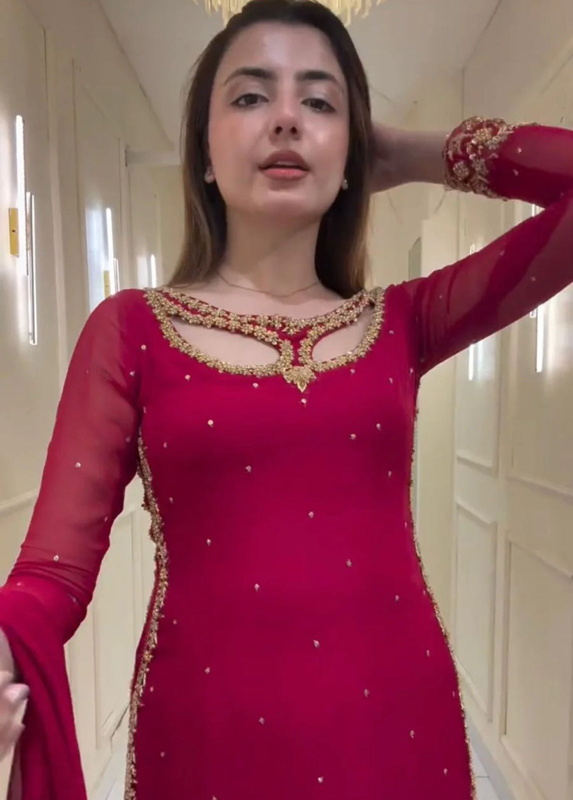Red Pure Soft Georgette Long Kurti Pent With Dupatta