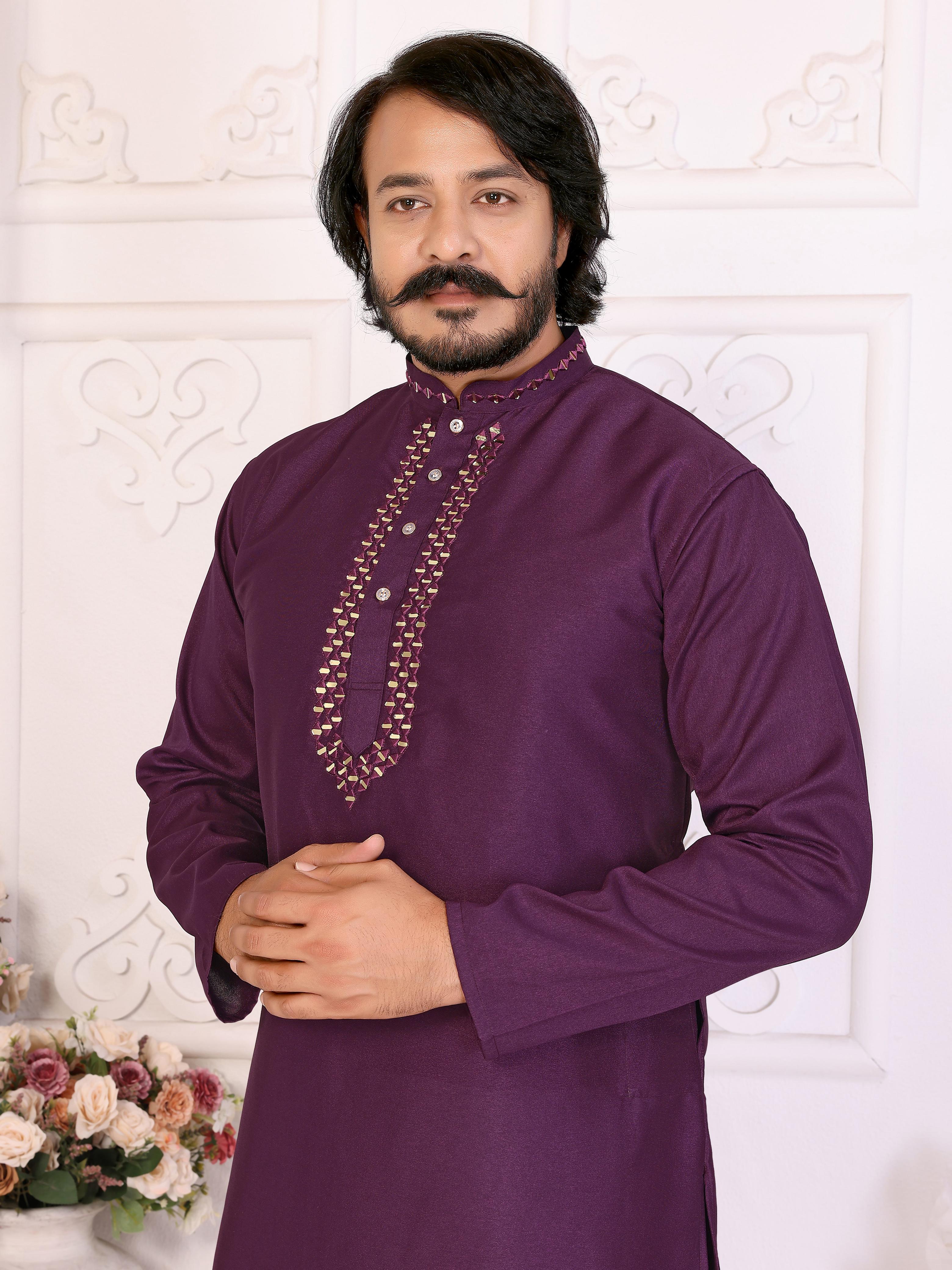 Purple Pure Dola Silk Saree With Silky Kurta Pajama Jacket Matching Couple Combo Set