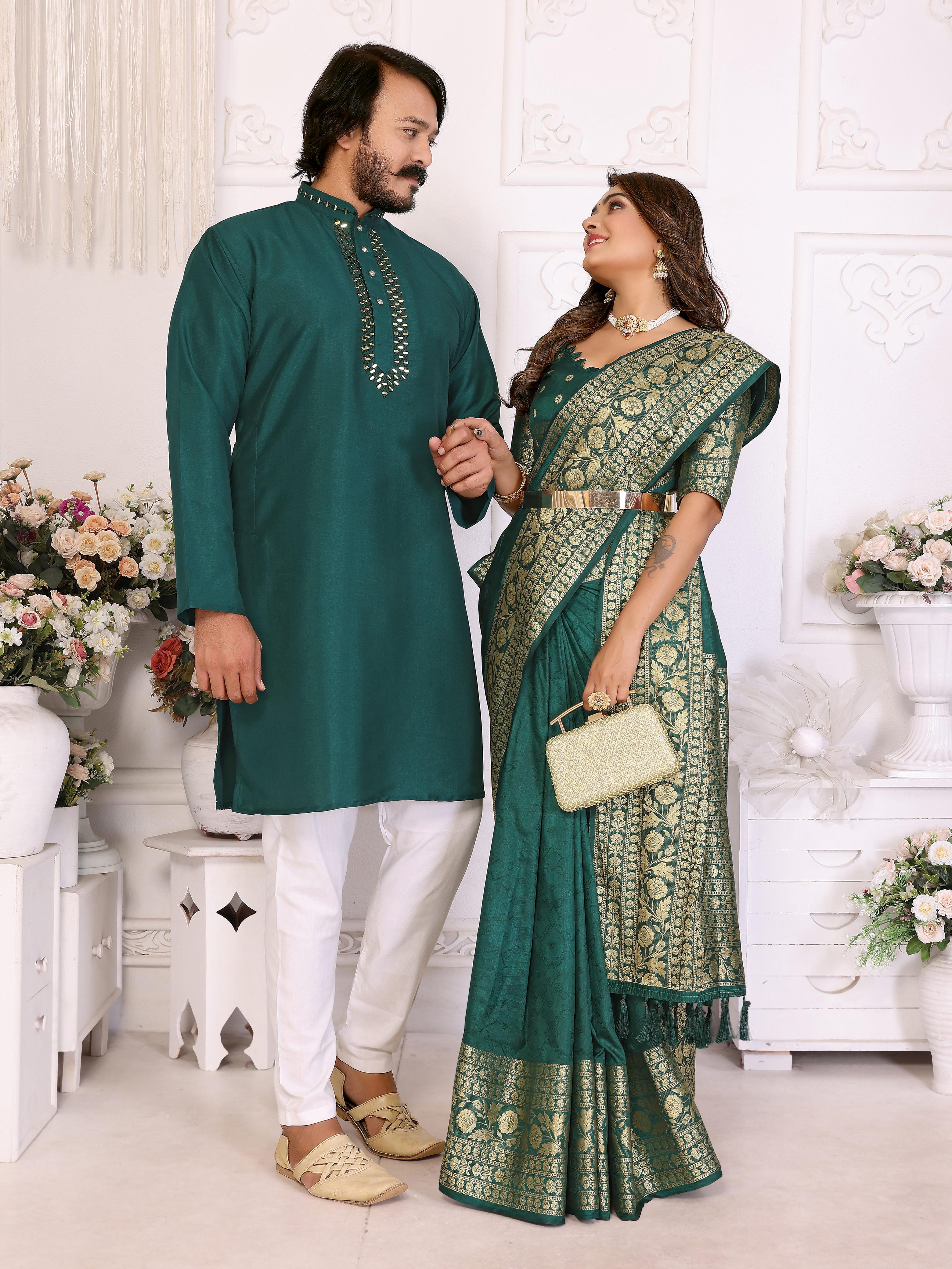 Green Pure Dola Silk Saree With Silky Kurta Pajama Jacket Matching Couple Combo Set