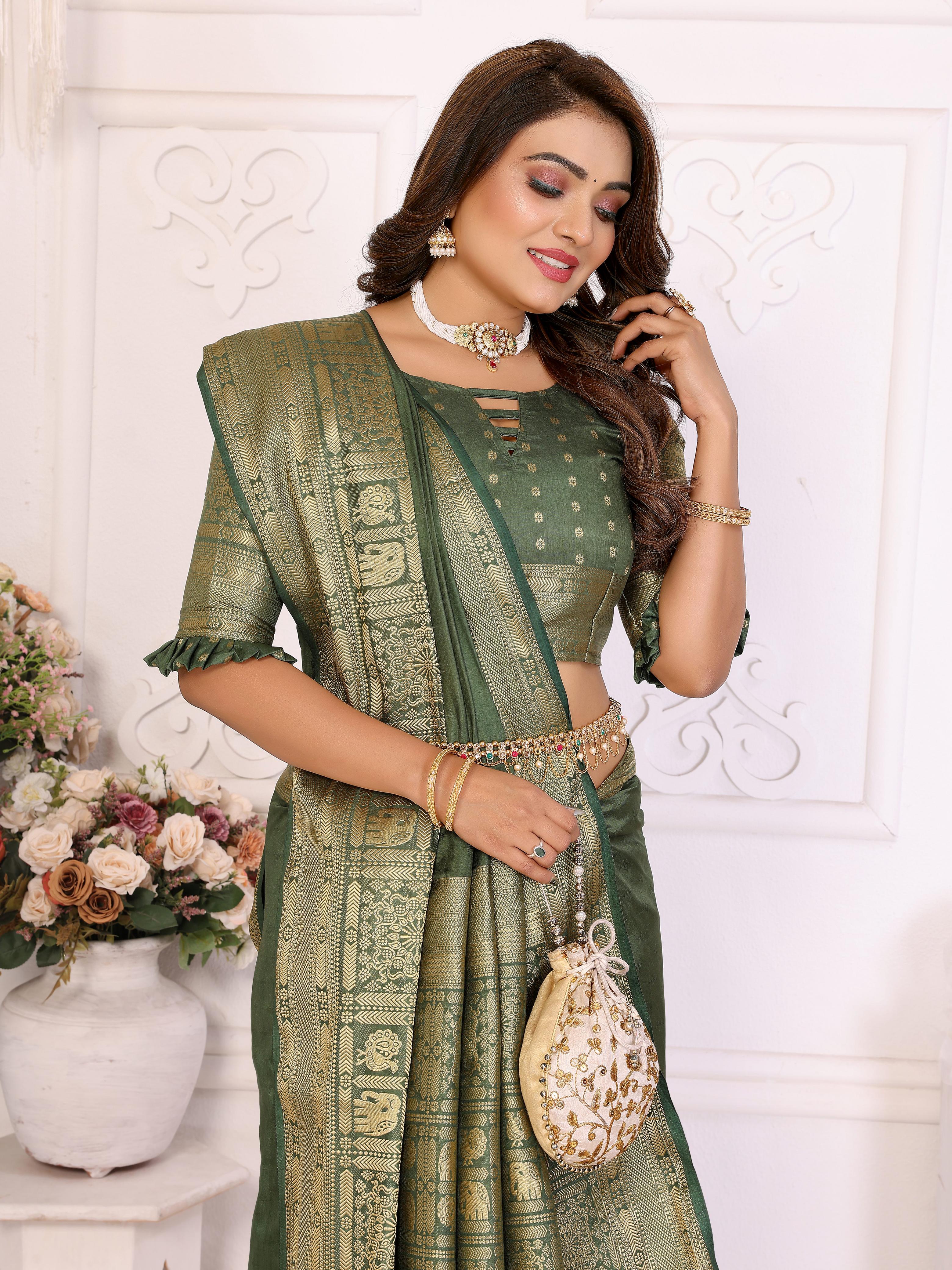 Mahendi Pure Dola Silk Saree With Silky Kurta Pajama Jacket Matching Couple Combo Set