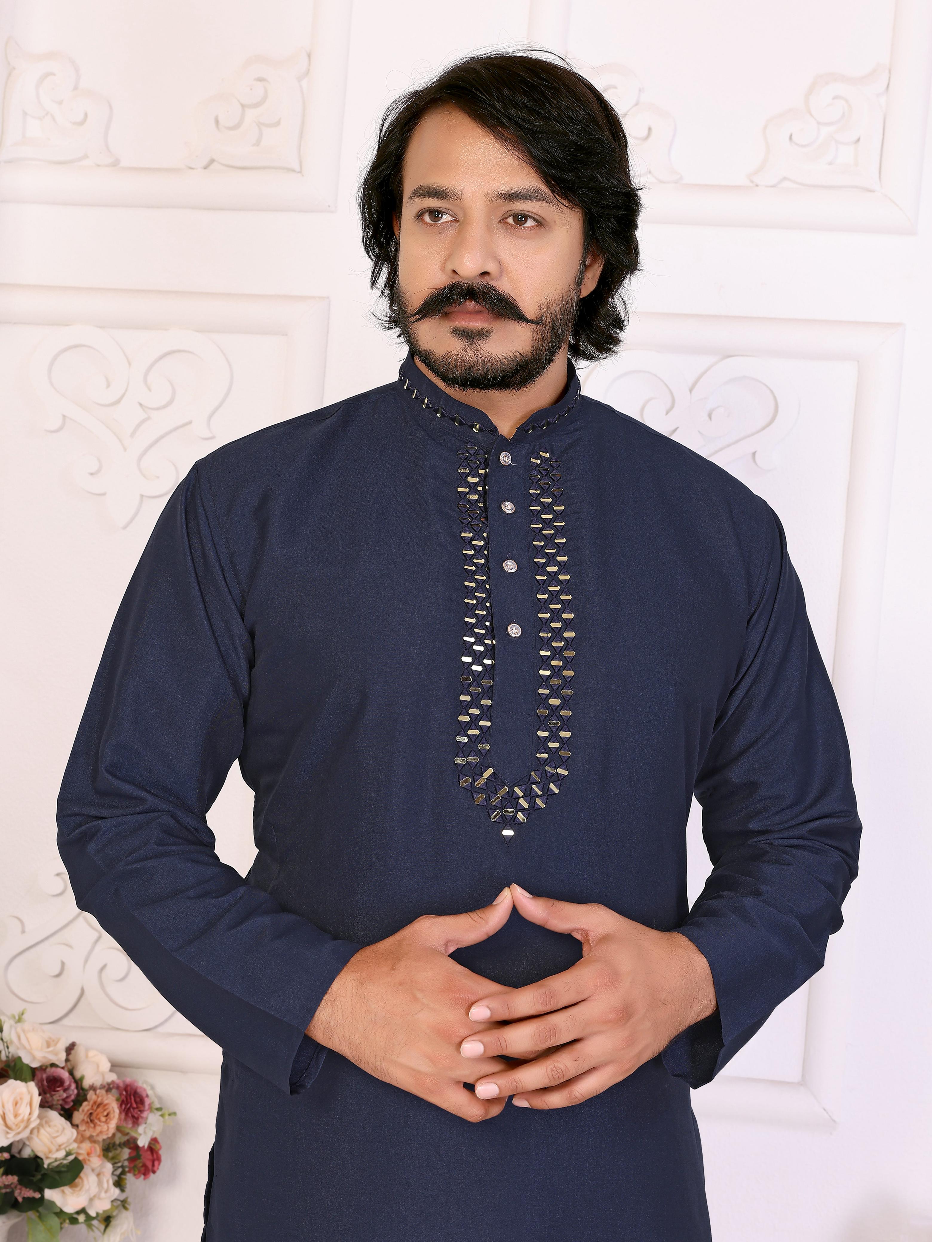 Navy Blue Pure Dola Silk Saree With Silky Kurta Pajama Jacket Matching Couple Combo Set