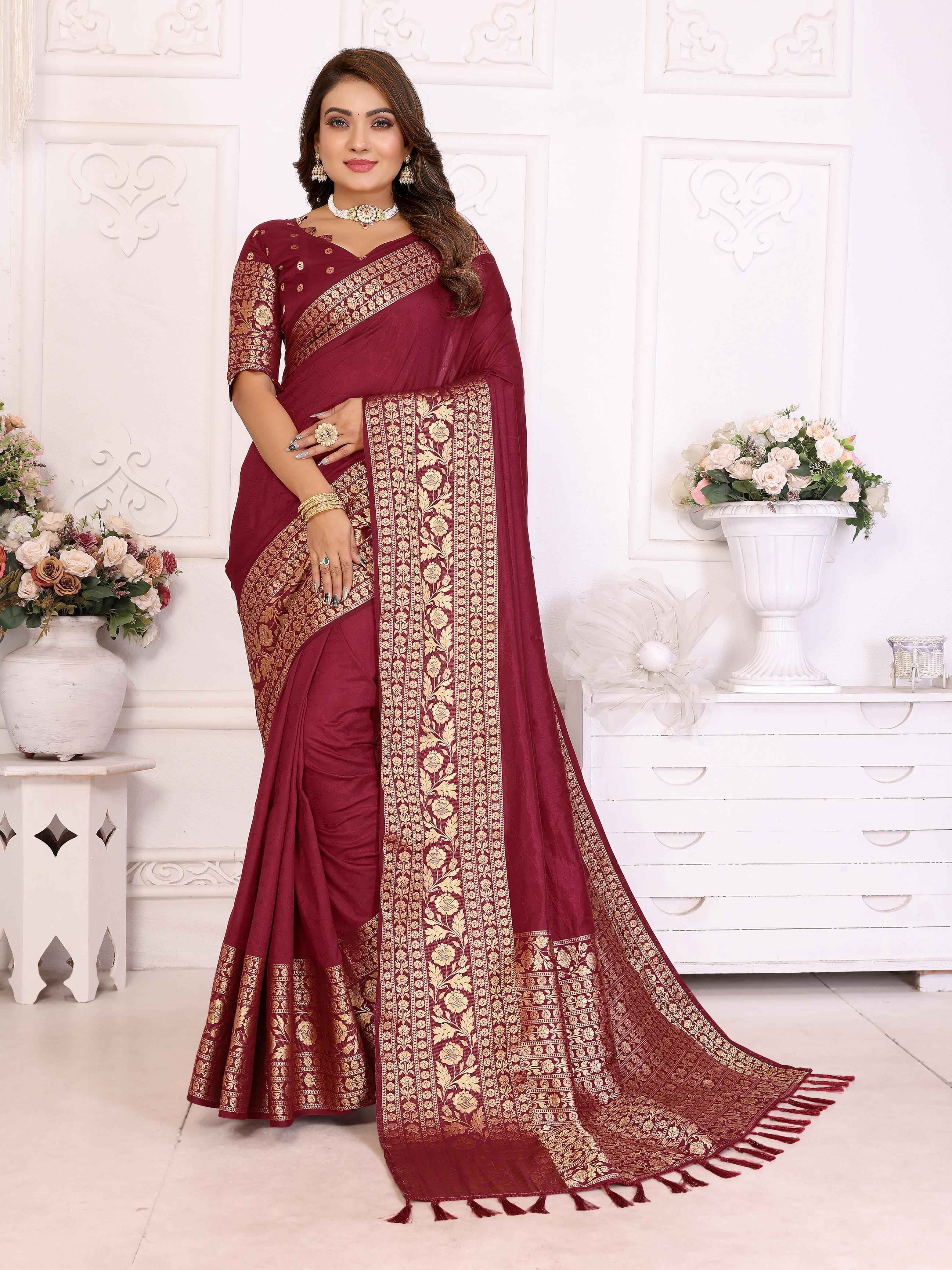 Red Pure Dola Silk Saree With Silky Kurta Pajama Jacket Matching Couple Combo Set