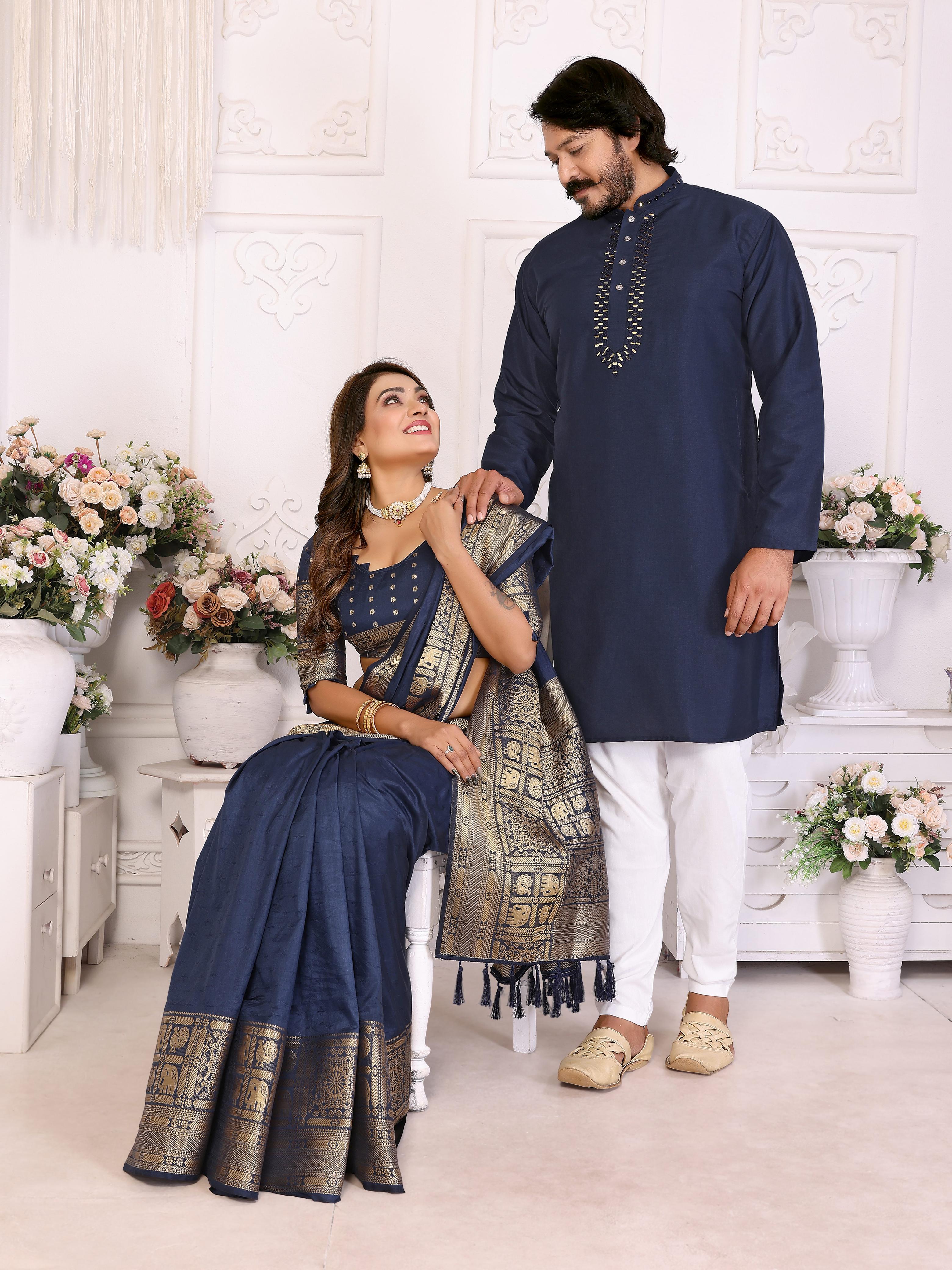 Navy Blue Pure Dola Silk Saree With Silky Kurta Pajama Jacket Matching Couple Combo Set