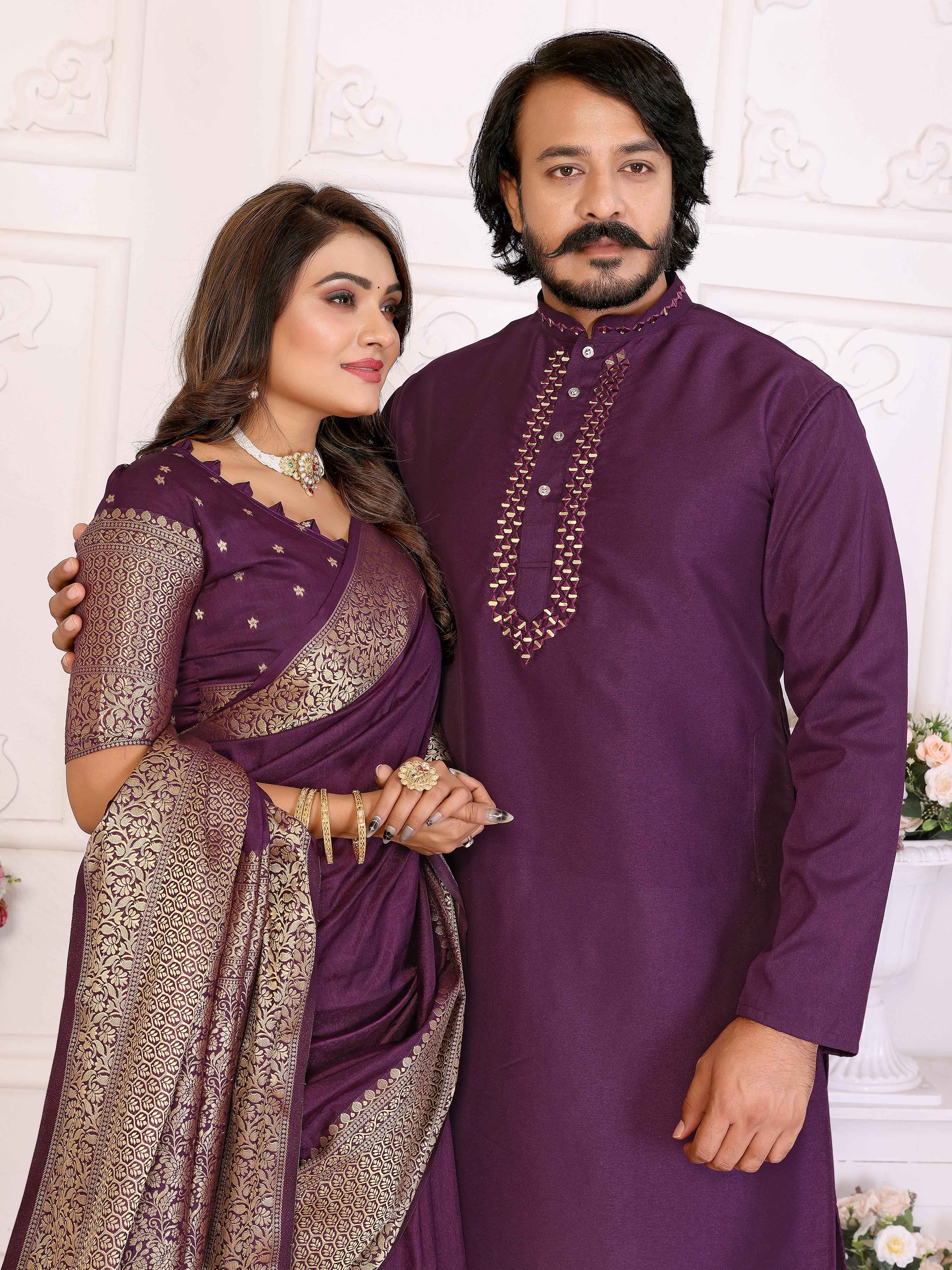 Purple Pure Dola Silk Saree With Silky Kurta Pajama Jacket Matching Couple Combo Set