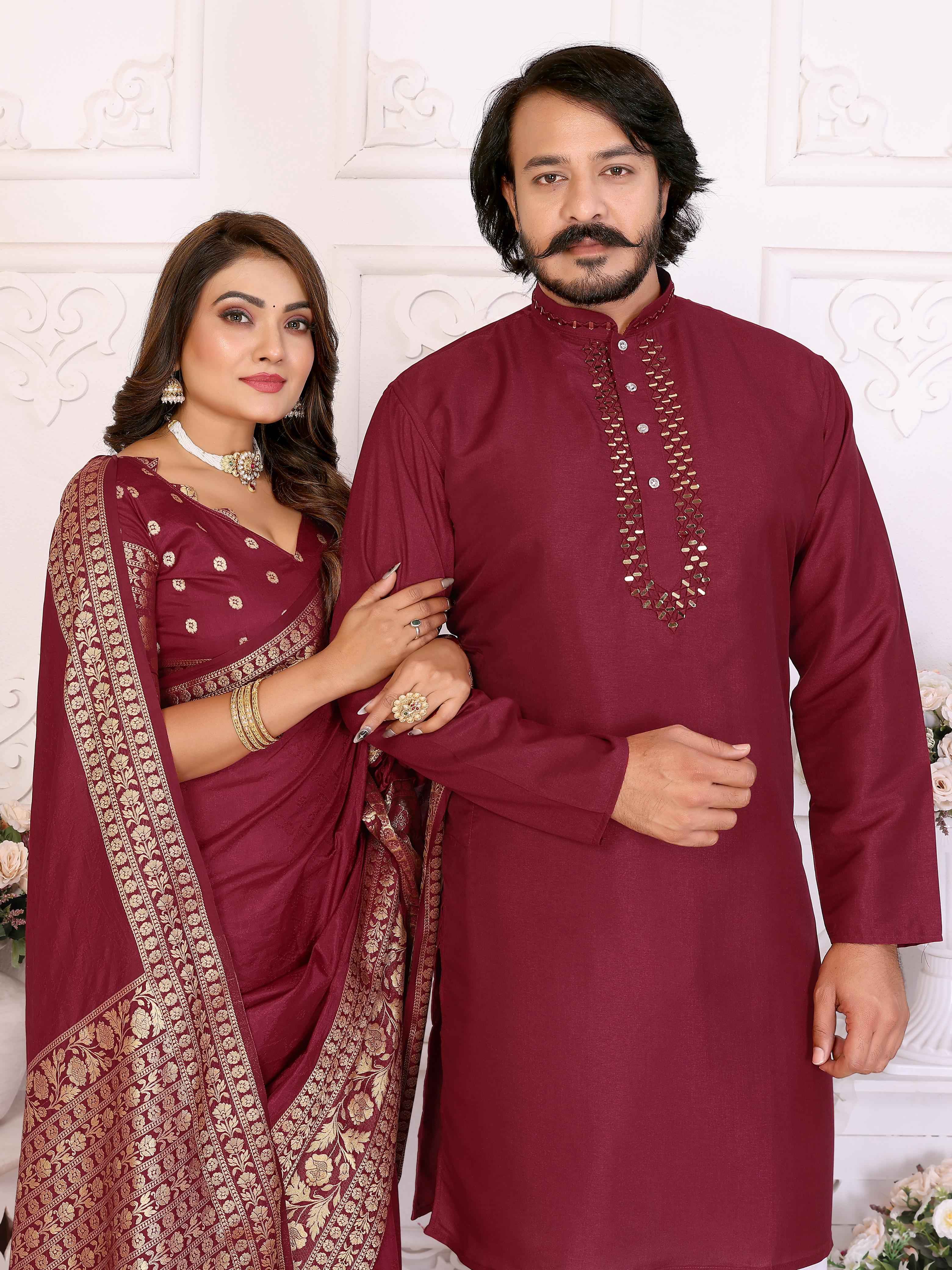 Red Pure Dola Silk Saree With Silky Kurta Pajama Jacket Matching Couple Combo Set