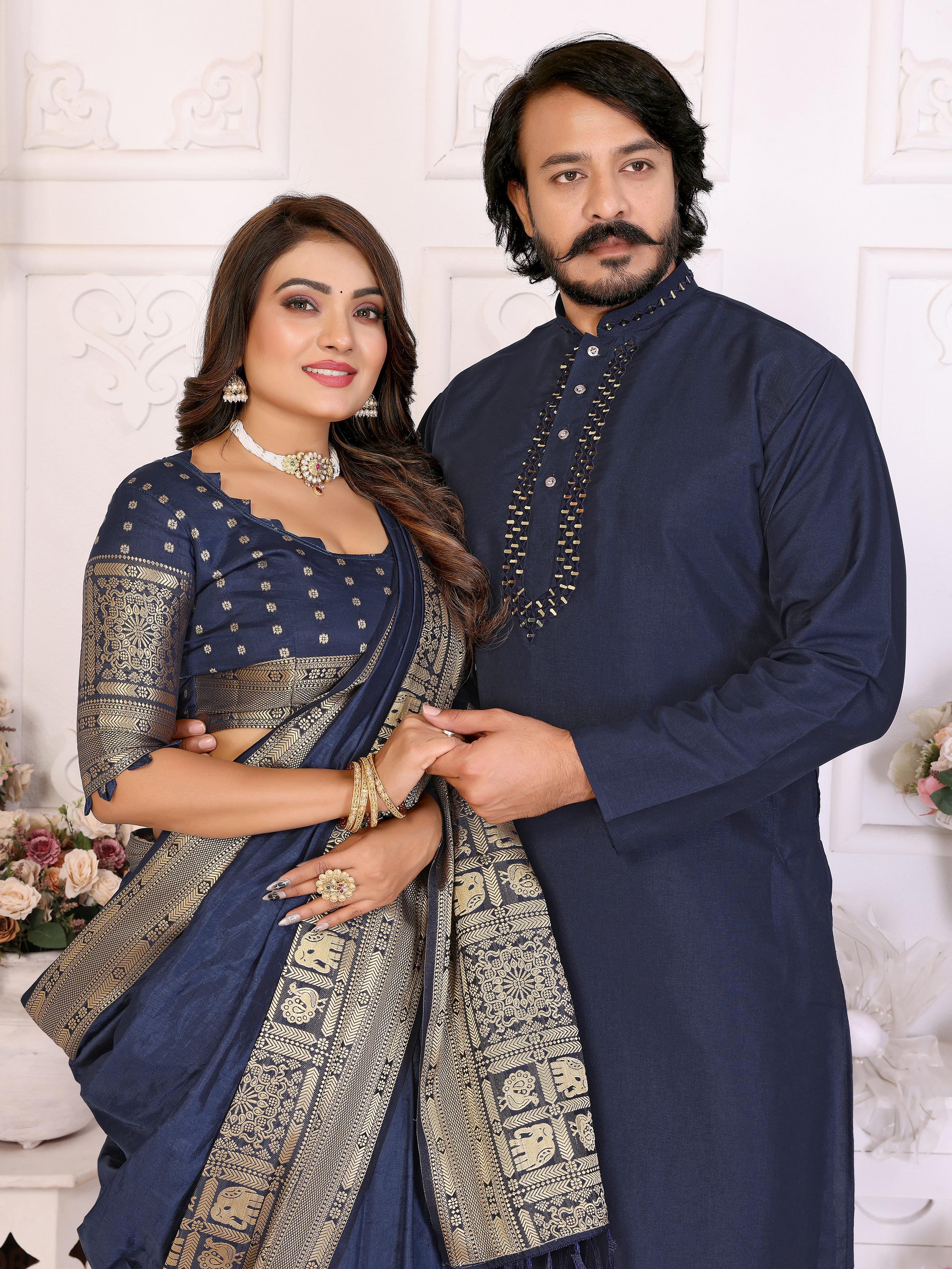 Navy Blue Pure Dola Silk Saree With Silky Kurta Pajama Jacket Matching Couple Combo Set