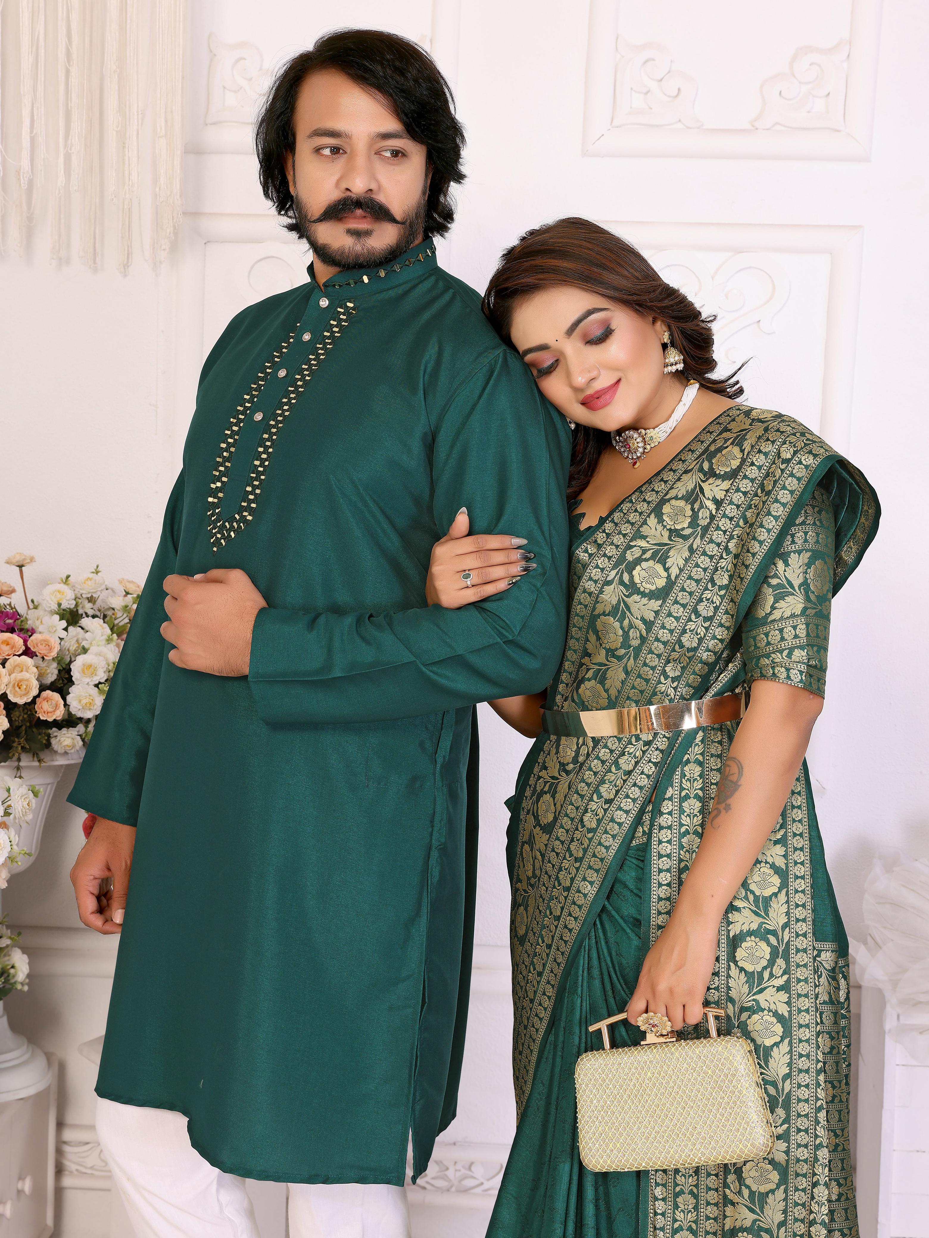 Green Pure Dola Silk Saree With Silky Kurta Pajama Jacket Matching Couple Combo Set