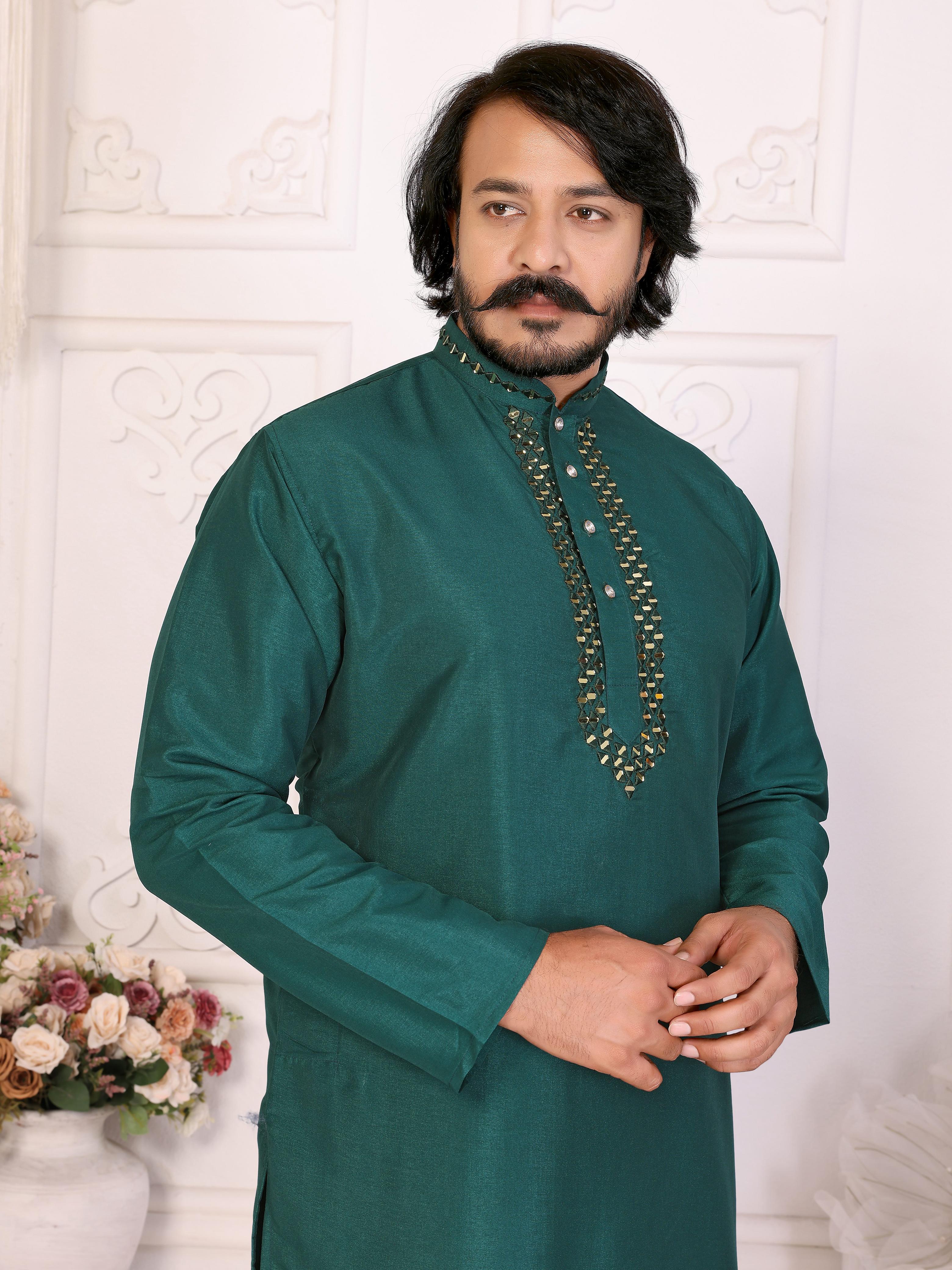 Green Pure Dola Silk Saree With Silky Kurta Pajama Jacket Matching Couple Combo Set