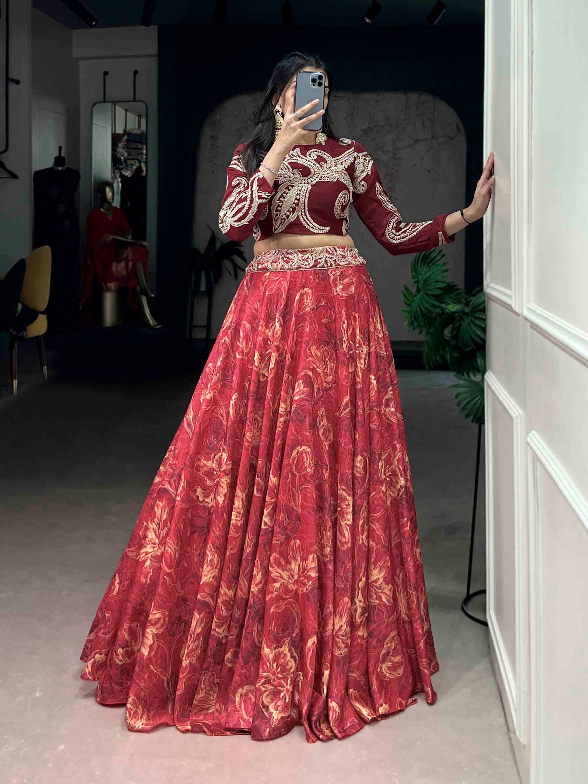 Red Pure Tasar Silk Printed Sequins & Thread Embroidery Work Co ord Lehenga Set