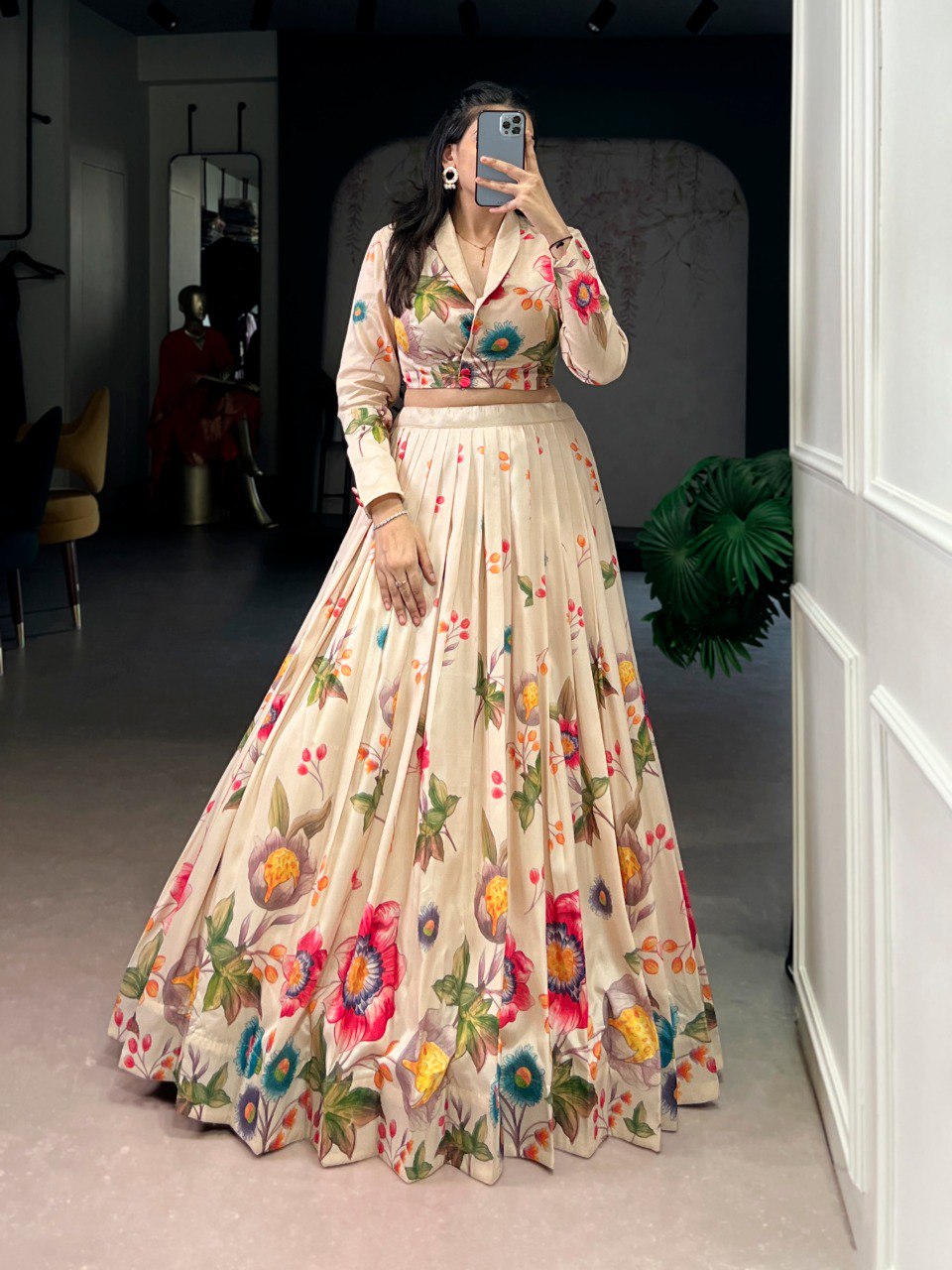 Cream Pure Tasar Silk Printed Sequins & Thread Embroidery Work Co ord Lehenga Set