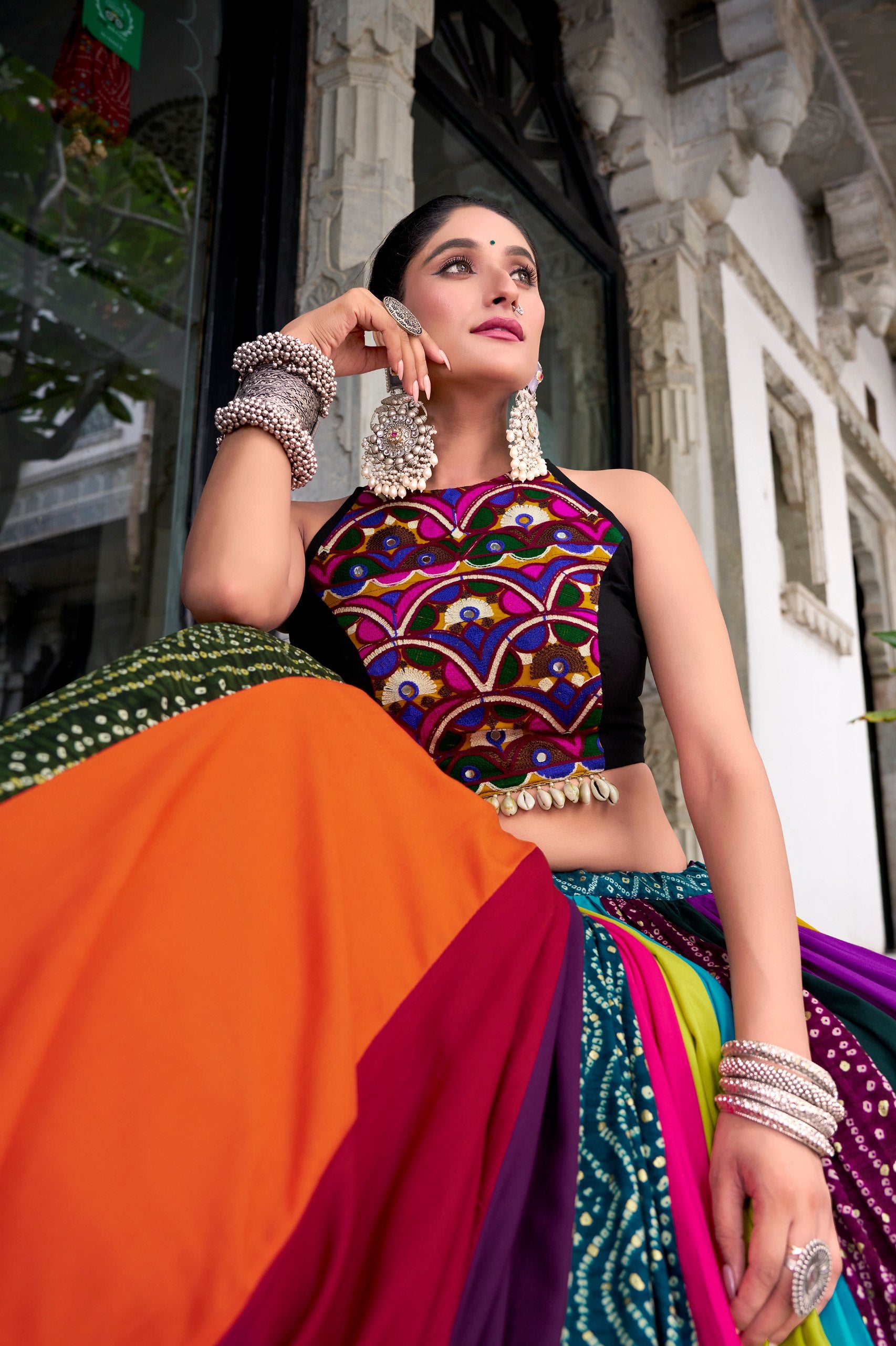 Multicolour Pure Reyon Cotton Embroidery Work Navratri Lehenga Choli