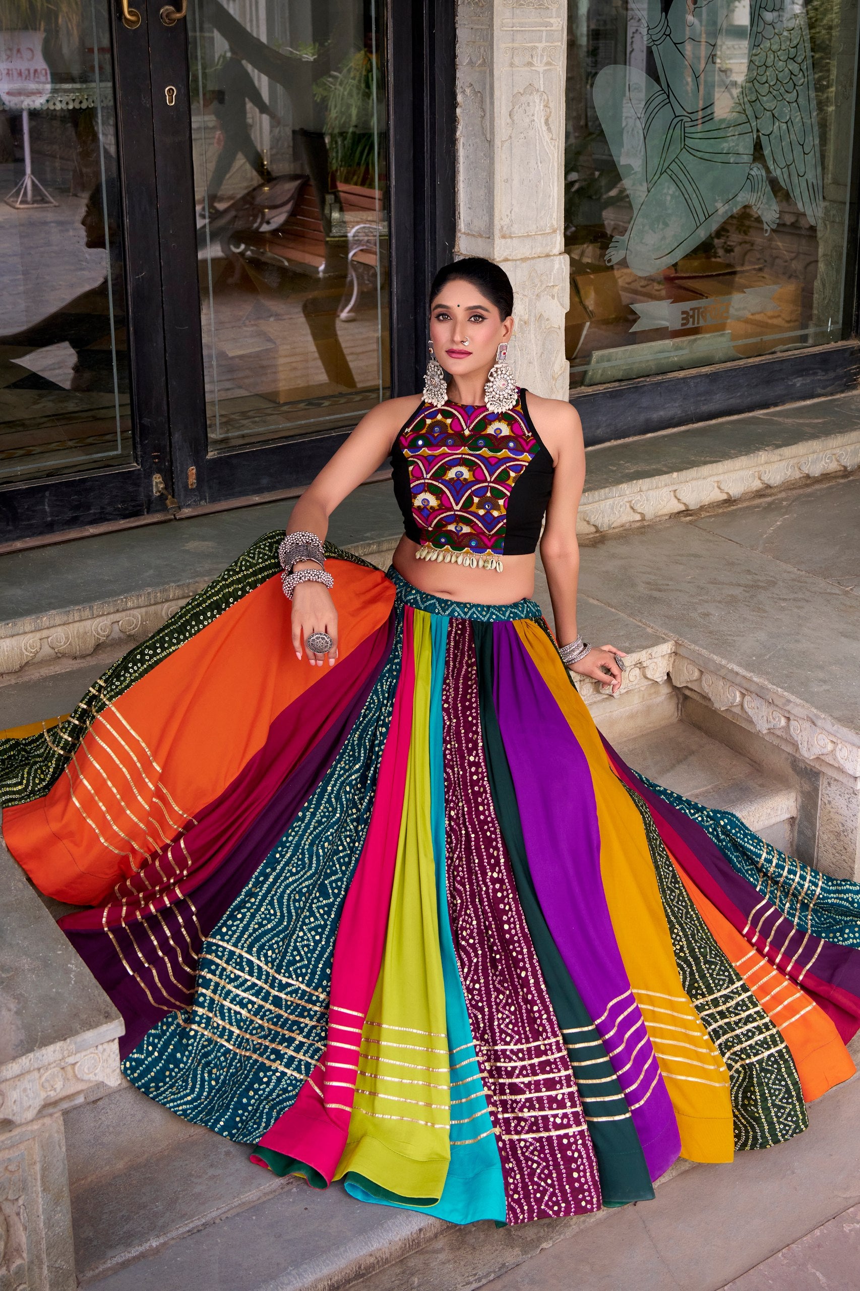 Multicolour Pure Reyon Cotton Embroidery Work Navratri Lehenga Choli