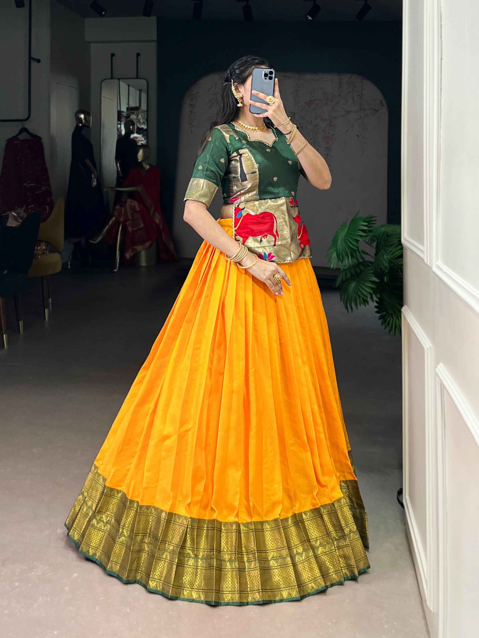 Mustard Pure Cotton Silk Zari Weaving Work Navratri Lehenga Choli