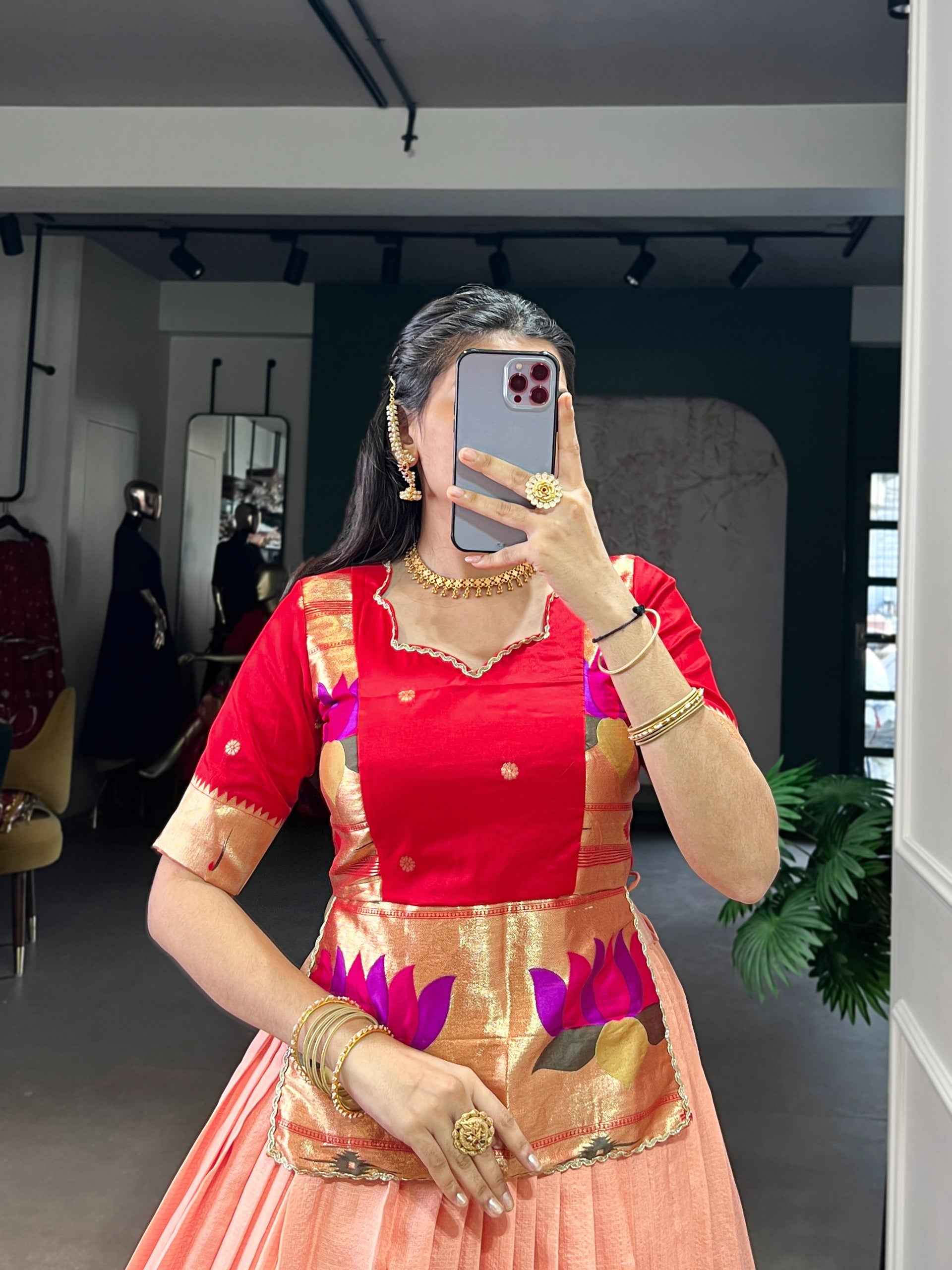 Peach Pure Cotton Silk Zari Weaving Work Navratri Lehenga Choli