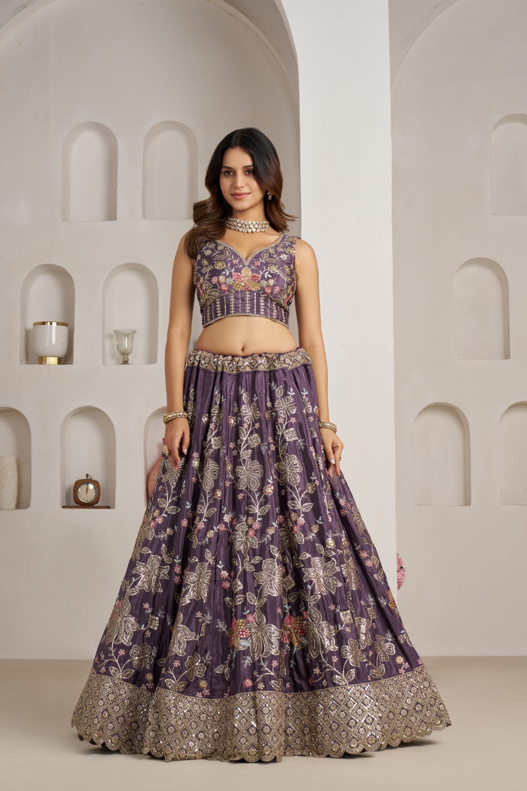 Royal Purple Crepe Silk Lehenga Choli with Floral Embroidery