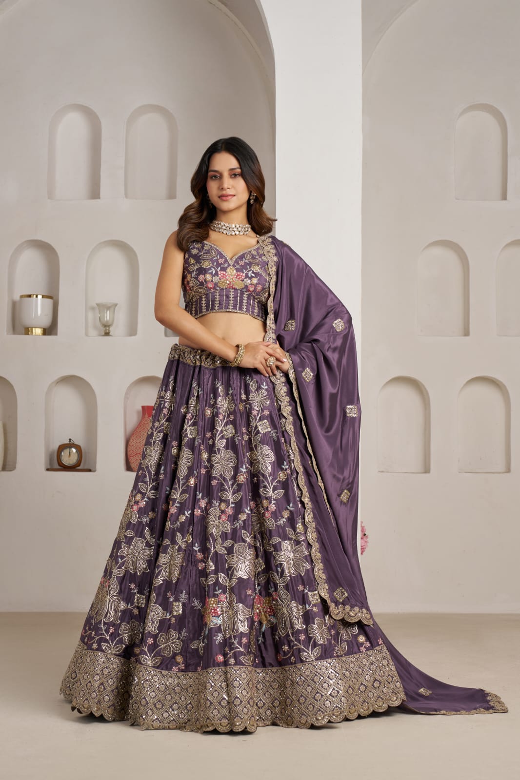Royal Purple Crepe Silk Lehenga Choli with Floral Embroidery